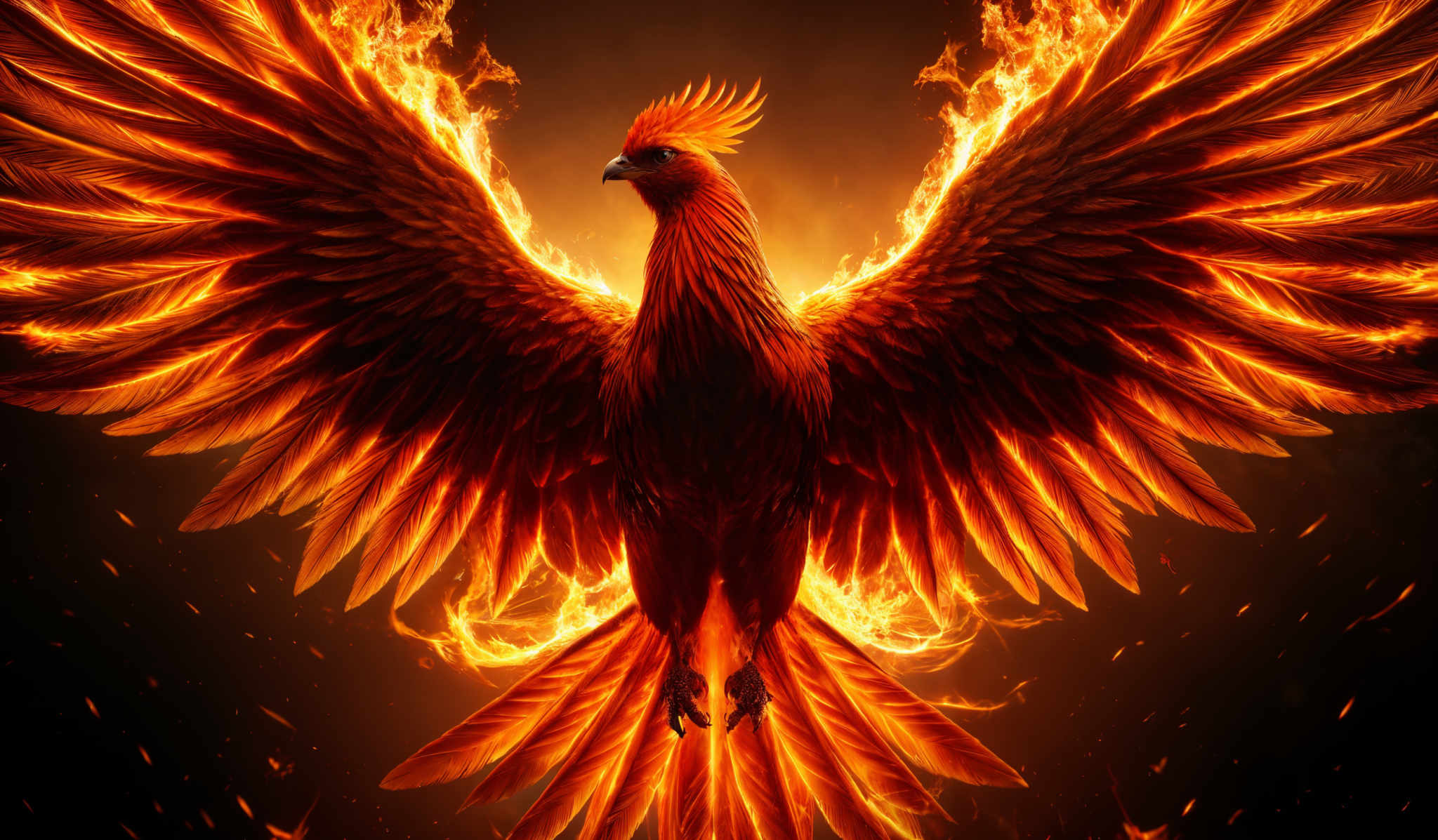 The image showcases a vibrant depiction of a bird, specifically a phoenix, with its wings spread wide. The bird is engulfed in flames, with the fiery colors of orange, red, and yellow dominating the scene. The flames appear to be emanating from the bird's feathers, giving the impression that the bird is emerging or transforming from the flames. The background is dark, which accentuates the brightness and intensity of the flame and the bird.