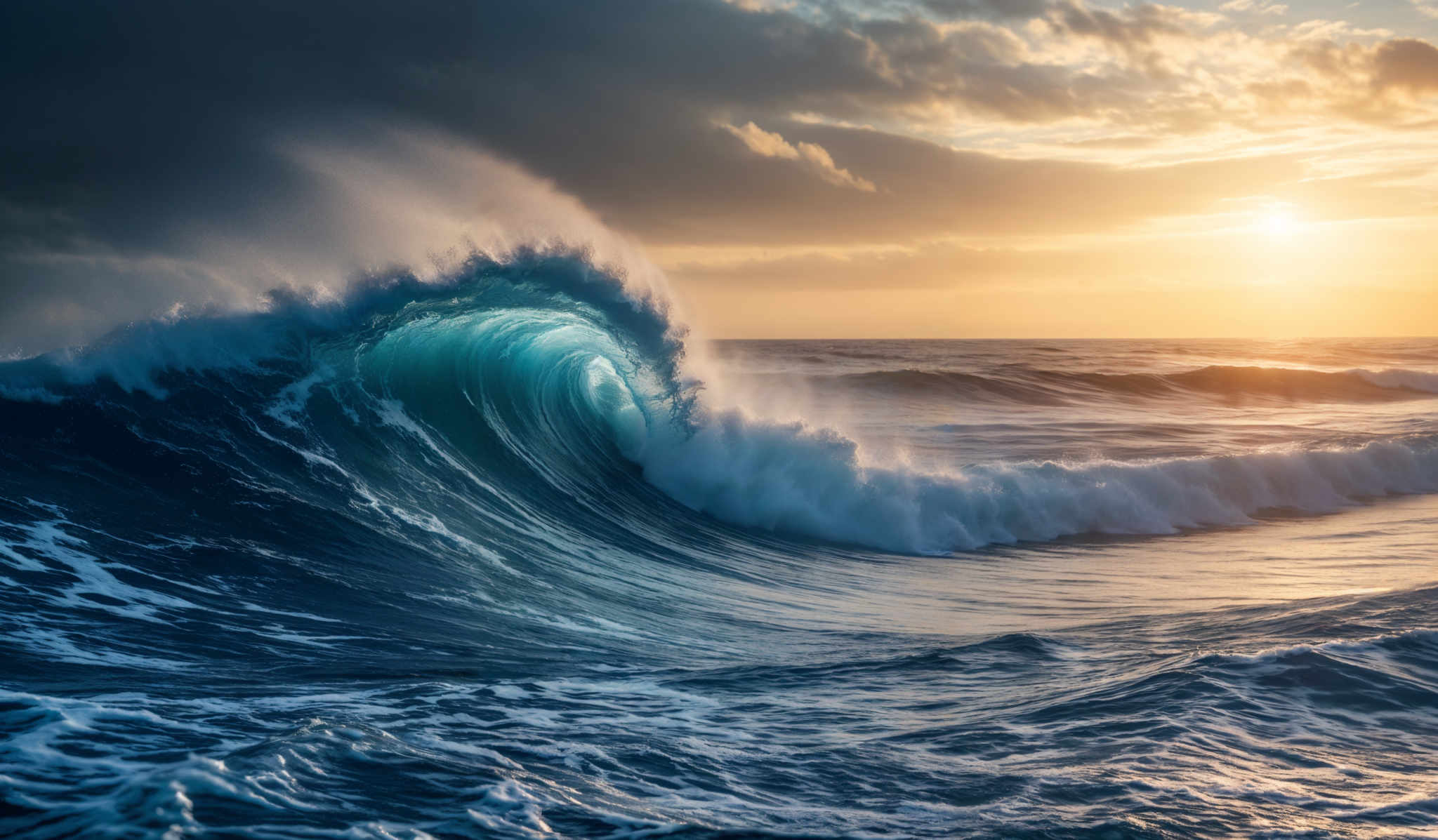 The image showcases a dramatic seascape during what appears to be either dawn or dusk. Dominating the scene is a large, powerful wave, curling and spraying water as it crashes. The wave is a vibrant shade of turquoise, contrasting with the deeper blue of the surrounding ocean. The sky is painted with hues of orange, gold, and gray, suggesting the presence of clouds. The sun is partially obscured by the clouds, casting a warm glow over the scene. The waves in the background are smaller and more subdued, reflecting the light from the sun.