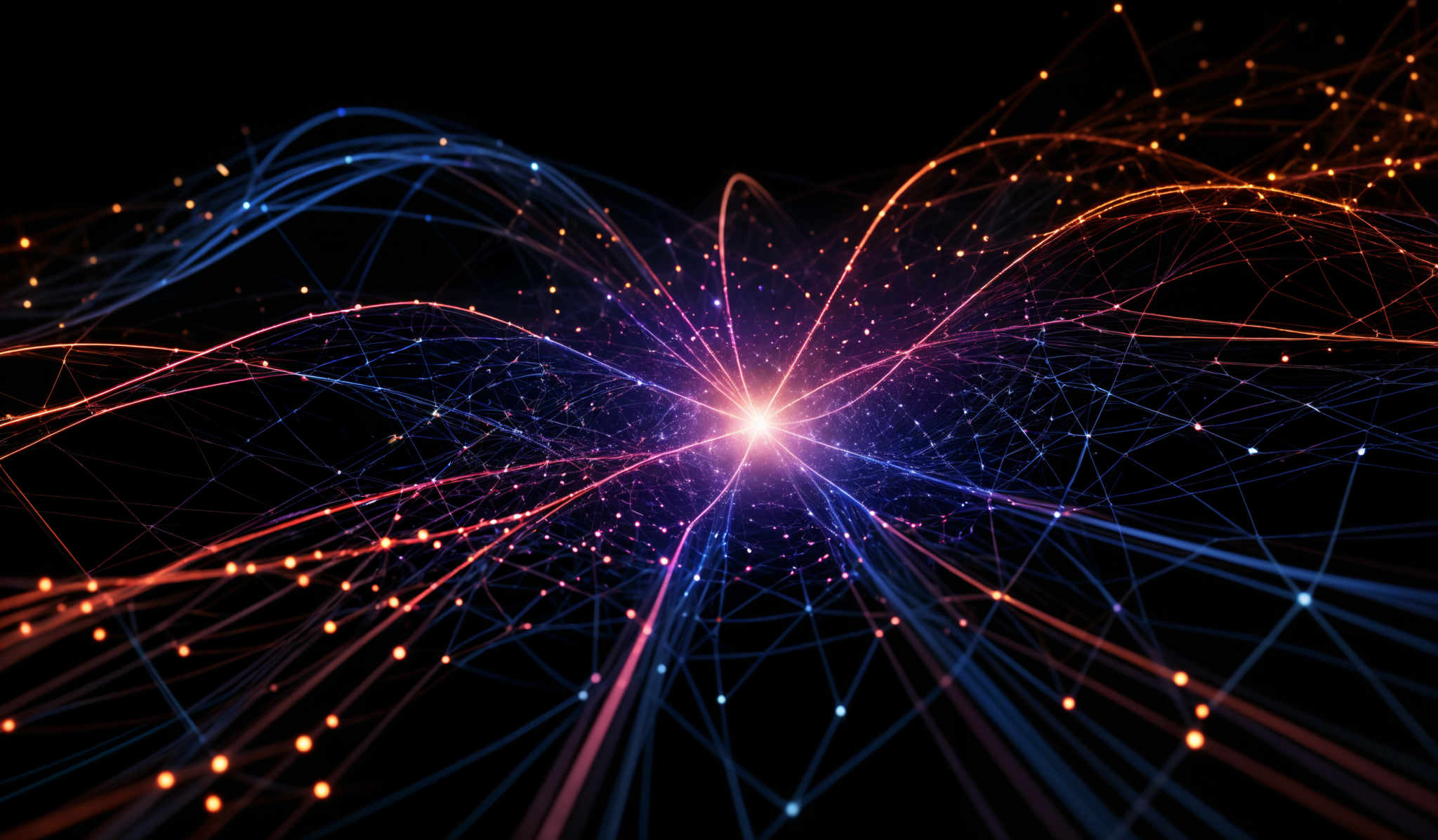 The image showcases a vibrant and dynamic interplay of lines and points. The predominant colors are deep blue, fiery orange, and a hint of purple. The lines are intricately intertwined, forming a network that radiates outwards from a central point. The points, which are likely representing data points or nodes, are scattered throughout the network, illuminated with a glow that matches the color of the lines they are connected to. The overall effect is reminiscent of a neural network or a cosmic event, with the interconnected lines and glowing points giving a sense of depth and movement.