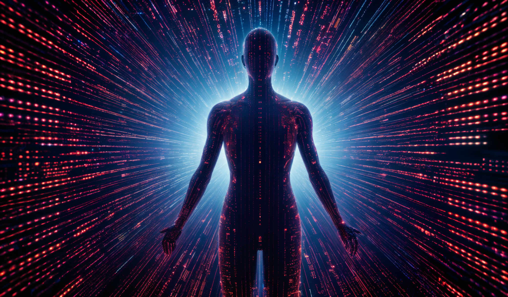 The image showcases a silhouette of a human figure standing upright. The figure is surrounded by a vibrant display of red and blue hues, resembling a burst of energy or data streams. These streams radiate outwards from the figure, creating an effect of light and motion. The human figure itself is intricately designed with patterns that resemble binary code or digital data, further emphasizing the theme of technology or digital transformation.