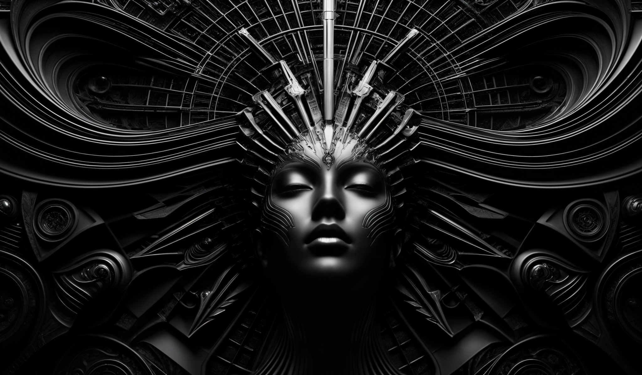 The image predominantly features monochromatic shades of black and white. It showcases a highly intricate and symmetrical design that appears to be a fusion of organic and mechanical elements. At the center is a face, which seems to be carved or sculpted from a metallic material. Surrounding the face are elaborate patterns and structures that resemble mechanical gears, pipes, and other machinery. The overall impression is one of a futuristic or otherworldly artifact or statue.