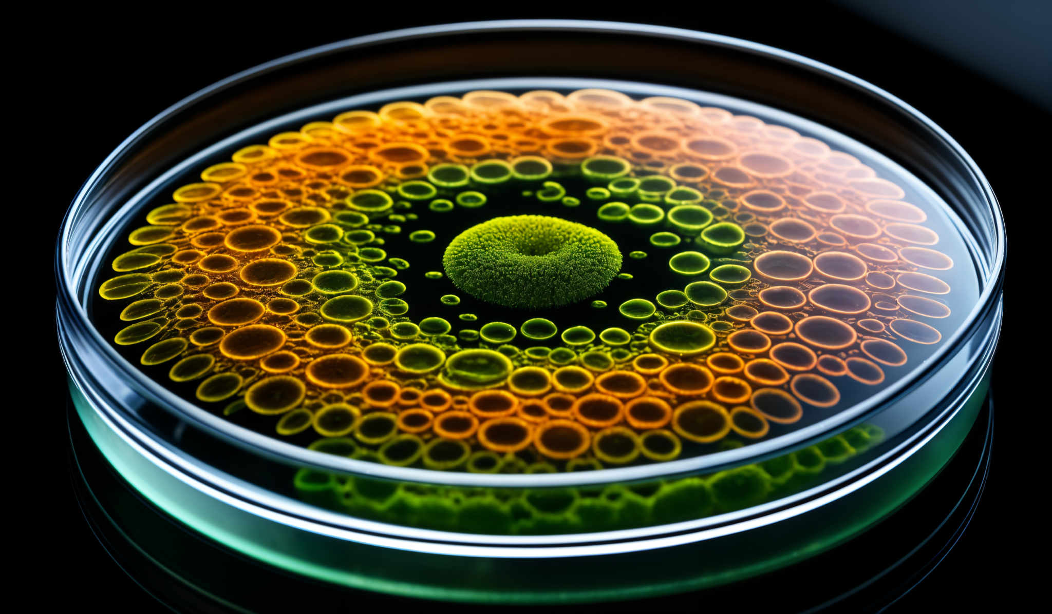 The image showcases a circular glass container with a vibrant and intricate pattern. The pattern consists of concentric circles that transition from a bright orange hue at the outermost layer to a deep green at the innermost layer. In the center of the pattern, there's a green mound or bubble. The overall appearance is reminiscent of a colorful, bubbly, and textured surface, possibly a form of art or a scientific experiment.