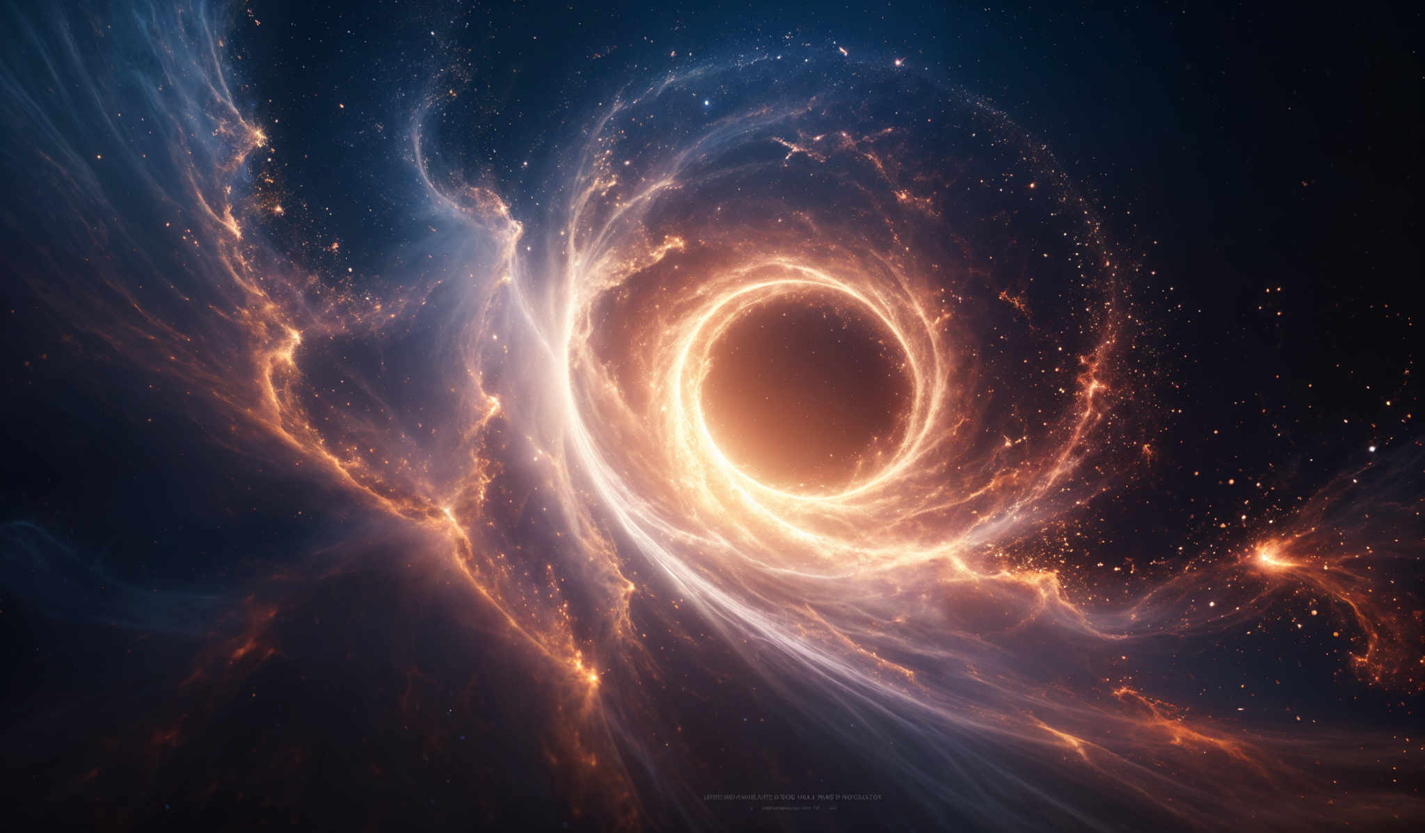 The image showcases a mesmerizing cosmic scene with swirling patterns of vibrant colors. Dominating the center is a bright, glowing vortex or wormhole, surrounded by swirled patterns of blue, gold, and orange hues. These patterns resemble cosmic dust and gas, possibly depicting the birth or death of stars. The vastness of space is filled with distant stars, and the overall ambiance is one of wonder and awe, capturing the beauty and mystery of the universe.