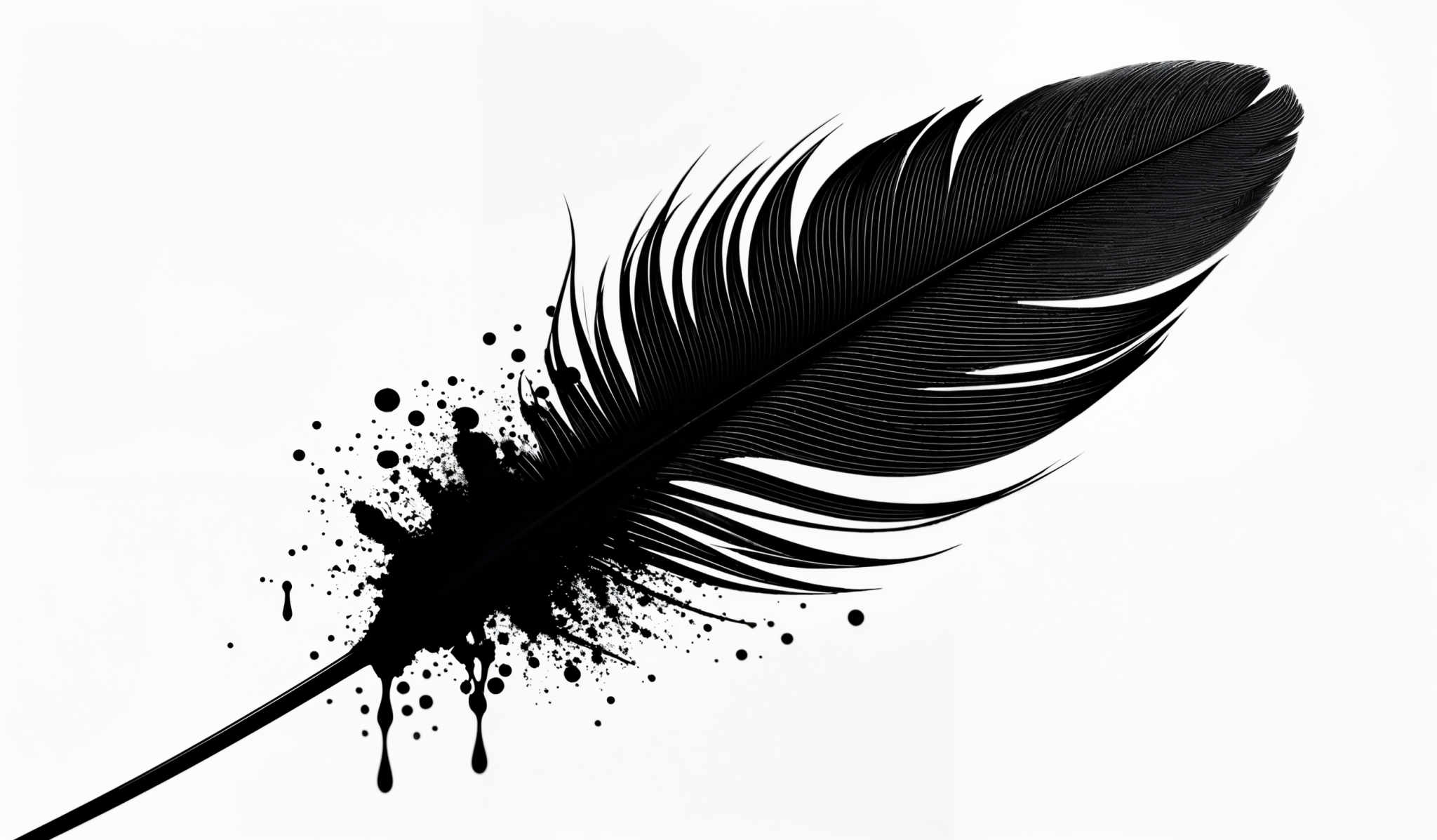 The image showcases a feather, predominantly in a dark shade, possibly black or deep gray. The feather is elongated and has a streamlined shape, with fine, detailed lines and structures that resemble the veins and contours of a real feather. The image also features a splatter or ink-like pattern at the base of the feather and along its stem, with droplets and specks that give the impression of ink being splashed or dripped.