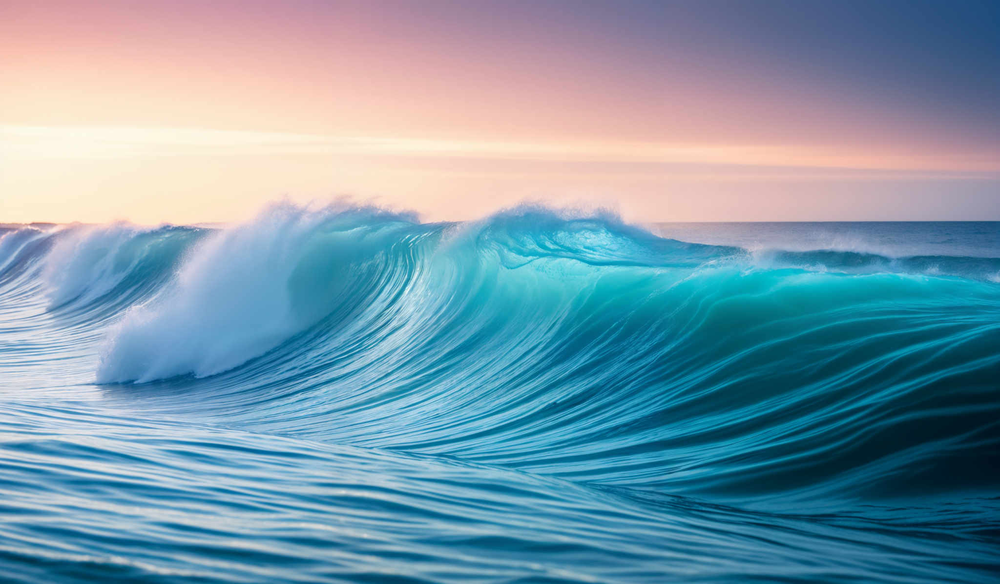 The image showcases a beautiful seascape during what appears to be either dawn or dusk. Dominating the scene is a large, powerful wave, with its translucent turquoise hue contrasting against the deeper blue of the ocean. The wave's crest is white, indicating the force and movement of the water. The sky above is painted in soft shades of pink, purple, and orange, suggesting the sun is either rising or setting. The horizon is clear, allowing the colors of the sky to blend seamlessly with the ocean's surface.