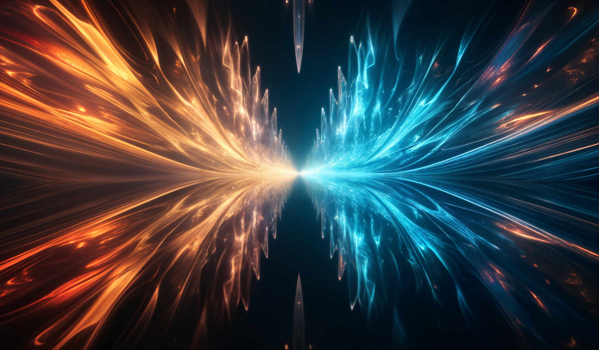 The image showcases a vibrant and dynamic interplay of colors. On the left side, there's a fiery orange and red spectrum, reminiscent of flames or a sunset. This contrasts with the cooler blue and teal hues on the right, which evoke feelings of the night sky or deep ocean. The shapes are fluid and wavy, resembling tendrils or streams of energy. These tendrills converge at the center, creating a focal point that reflects both the warm and cool colors, suggesting a harmonious balance between opposing forces.