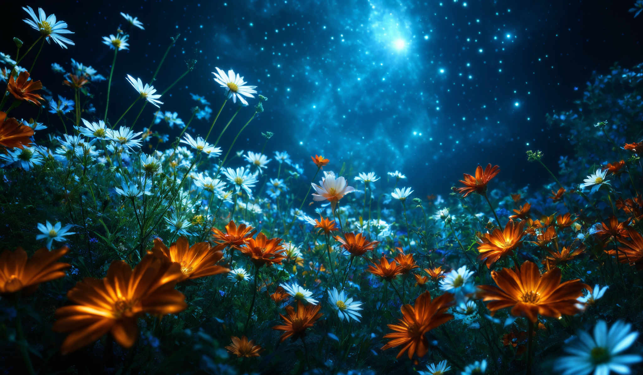 The image showcases a mesmerizing night sky filled with twinkling stars. The sky is a deep shade of blue, creating a contrast with the bright white stars. Below the sky, there's a field of vibrant flowers. The flowers are predominantly white with some orange blossoms. The stems of the flowers are slender and green, and they seem to be swaying gently, possibly due to a breeze. The overall ambiance of the image is magical and dreamy, evoking feelings of wonder and serenity.