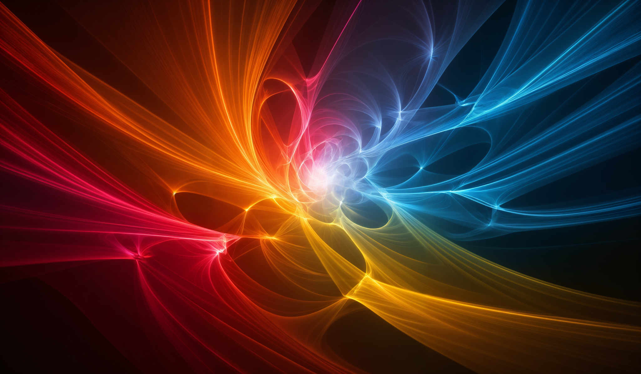 The image showcases a vibrant and dynamic interplay of colors. It features swirling patterns of red, orange, yellow, blue, and pink. The shapes are fluid and wavy, giving an impression of energy and motion. The central part of the image has a brighter, almost luminous, core, surrounded by the radiant colors that spiral outwards.