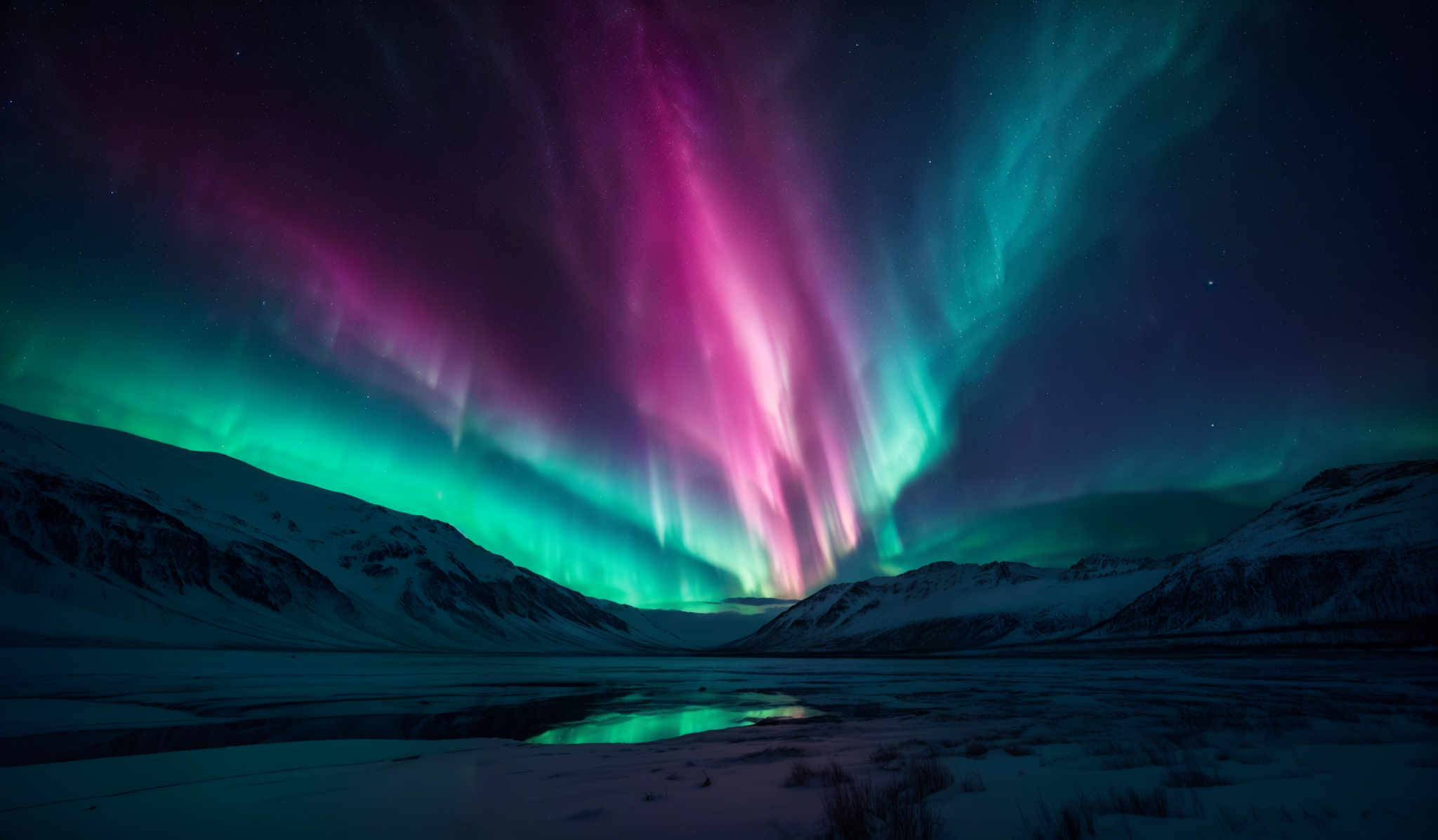 The image showcases a breathtaking view of the Northern Lights, also known as the Aurora Borealis. The lights display a vibrant array of colors, including deep blues, vibrants greens, and radiant pinks. The shape of the lights is curtain-like, cascading downwards and spreading outwards. They appear to be emanating from a central point and then dispersing into the night sky. The landscape below is snow-covered, with mountains and a calm body of water reflecting the lights. The sky is dotted with stars, adding to the ethereal beauty of the scene.