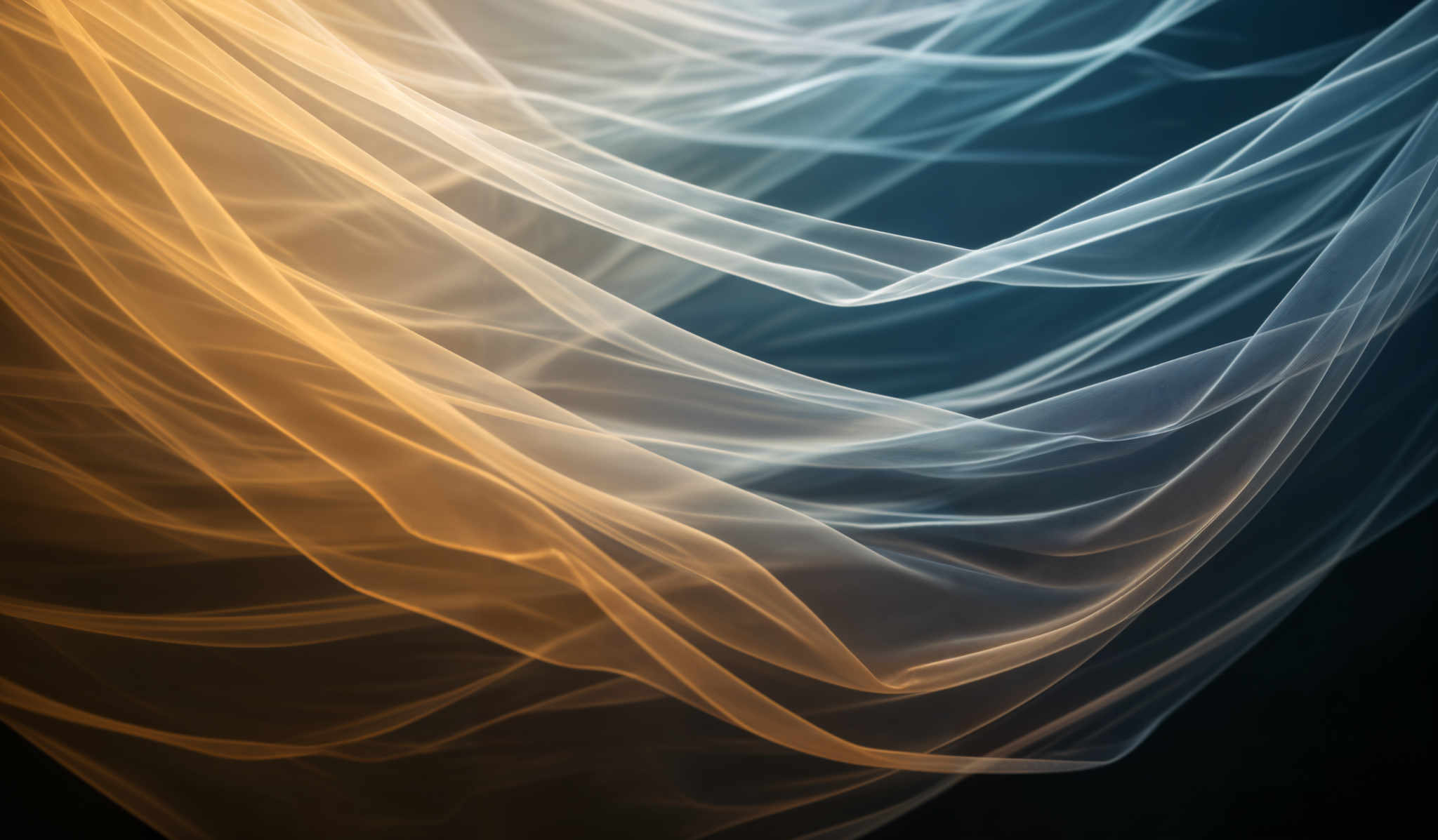 The image showcases a mesmerizing interplay of colors and shapes. Dominating the scene are flowing, translucent strands that intertwine and overlap, creating a sense of movement and depth. These strands are bathed in a gradient of colors, transitioning from a warm, golden hue at the top to a cooler, deep blue at the bottom. The interplay between light and shadow gives the strands a three-dimensional quality, making them appear as if they are floating or suspended in mid-air.