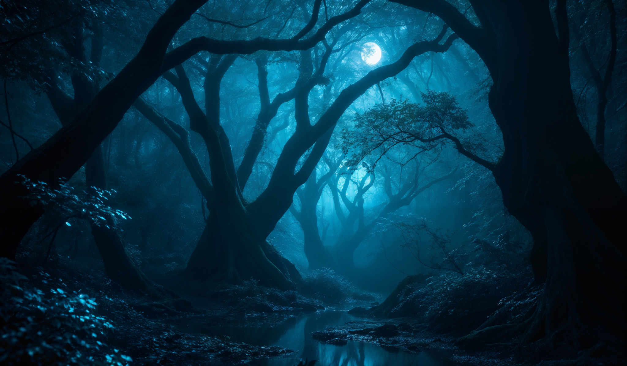 The image showcases a mystical and serene forest scene. Dominated by cool tones, the forest is bathed in a soft blue hue, possibly from the moonlight filtering through the dense canopy. The trees have gnarled and twisted branches, creating a web-like pattern in the sky. The ground is covered with fallen leaves and moss, and there's a calm stream reflecting the trees and the moon. The overall atmosphere is one of tranquility and enchantment.