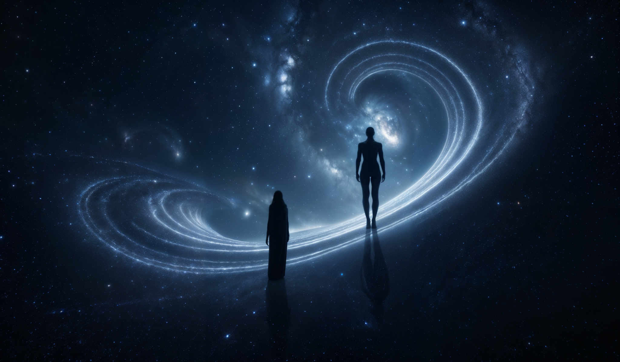 The image predominantly features a deep blue and black color palette, representing the vastness of space. The central part of the image showcases swirling galaxies and nebulae, emanating a radiant white glow. Two silhouetted figures, possibly representing humans, stand on a reflective surface, gazing at the cosmic spectacle. The figure on the left appears to be female, while the one on the right seems male. Their reflections are clearly visible on the surface, adding depth to the composition.