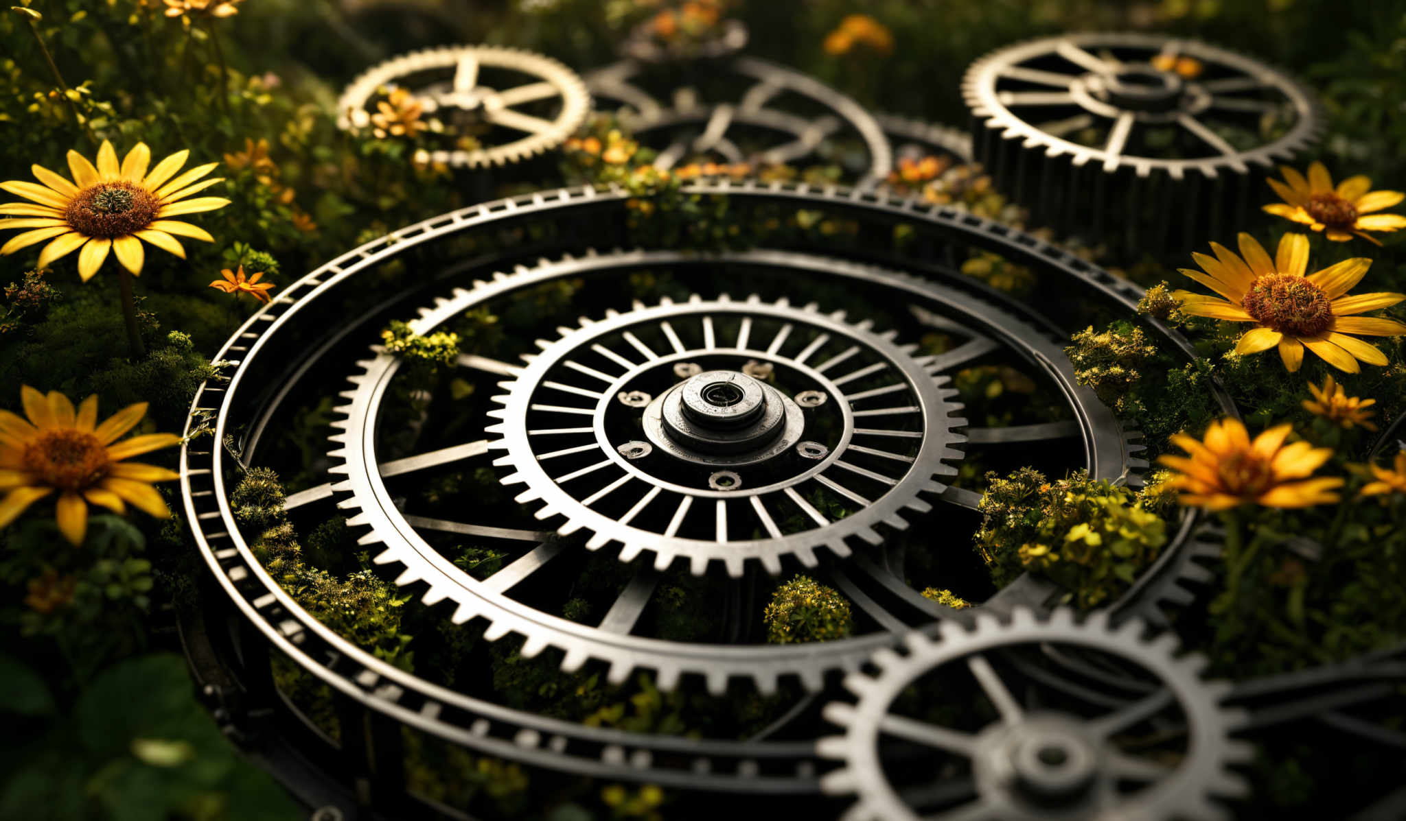 The image showcases a metallic, intricate set of gears and cogs, reminiscent of a clock mechanism. These gears are interwoven with lush greenery and vibrant yellow flowers. The flowers have a sunflower-like appearance with prominent petals and a central disc. The gears have various sizes and are detailed with serrated edges. The overall ambiance of the image is a blend of industrial and natural elements, creating a harmonious juxtaposition.