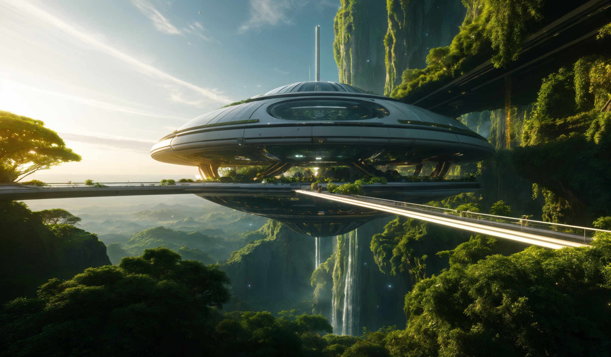 The image showcases a futuristic-looking flying saucer-shaped structure suspended above a lush, green landscape. The structure has a sleek design with multiple levels, and it appears to be made of a metallic material. The top of the structure has an antenna-like structure. The surrounding landscape is filled with tall, verdant cliffs and trees, and there are waterfalls cascading down the cliffs. The sky is clear with a few clouds, and the sun is shining brightly, casting a warm glow over the entire scene.