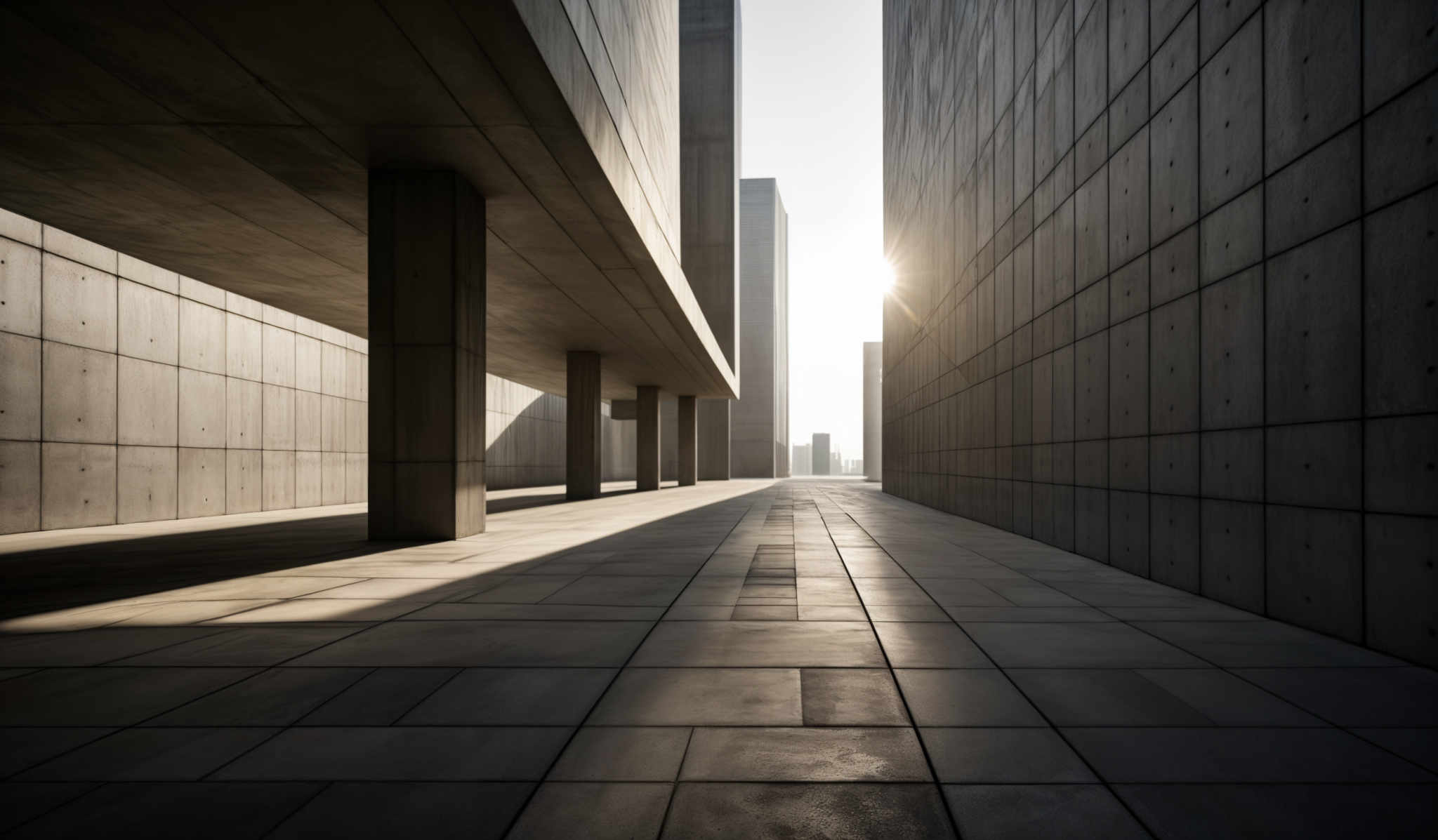 The image showcases a modern architectural structure with predominantly gray tones. The structure consists of tall, rectangular buildings with a repetitive pattern of square openings on their facades. The ground is paved with large, square tiles, reflecting the light from the sun that is seen peeking through the gaps in the buildings. The sun casts a warm, golden hue on the scene, creating contrasting shadows on the ground. The overall shape is elongated and linear, with the buildings extending into the distance.