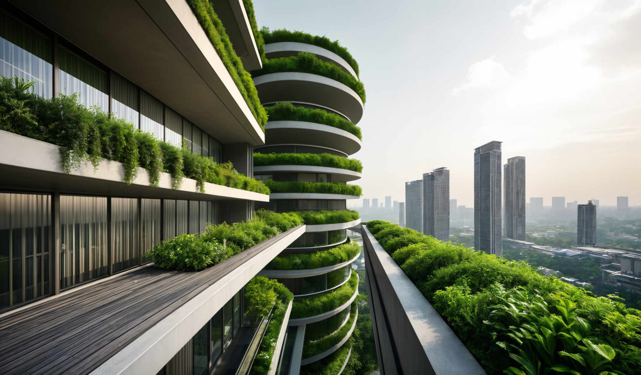 The image showcases a modern architectural design with multiple balconies and terraces. These terraces are adorned with lush green plants, creating a green facade. The buildings have a cylindrical shape with multiple floors. The balcony floors have wooden decking, and the glass facade reflects the surroundings. In the background, there are tall skyscrapers, indicating an urban setting. The sky is clear with a hint of clouds, suggesting a bright day.