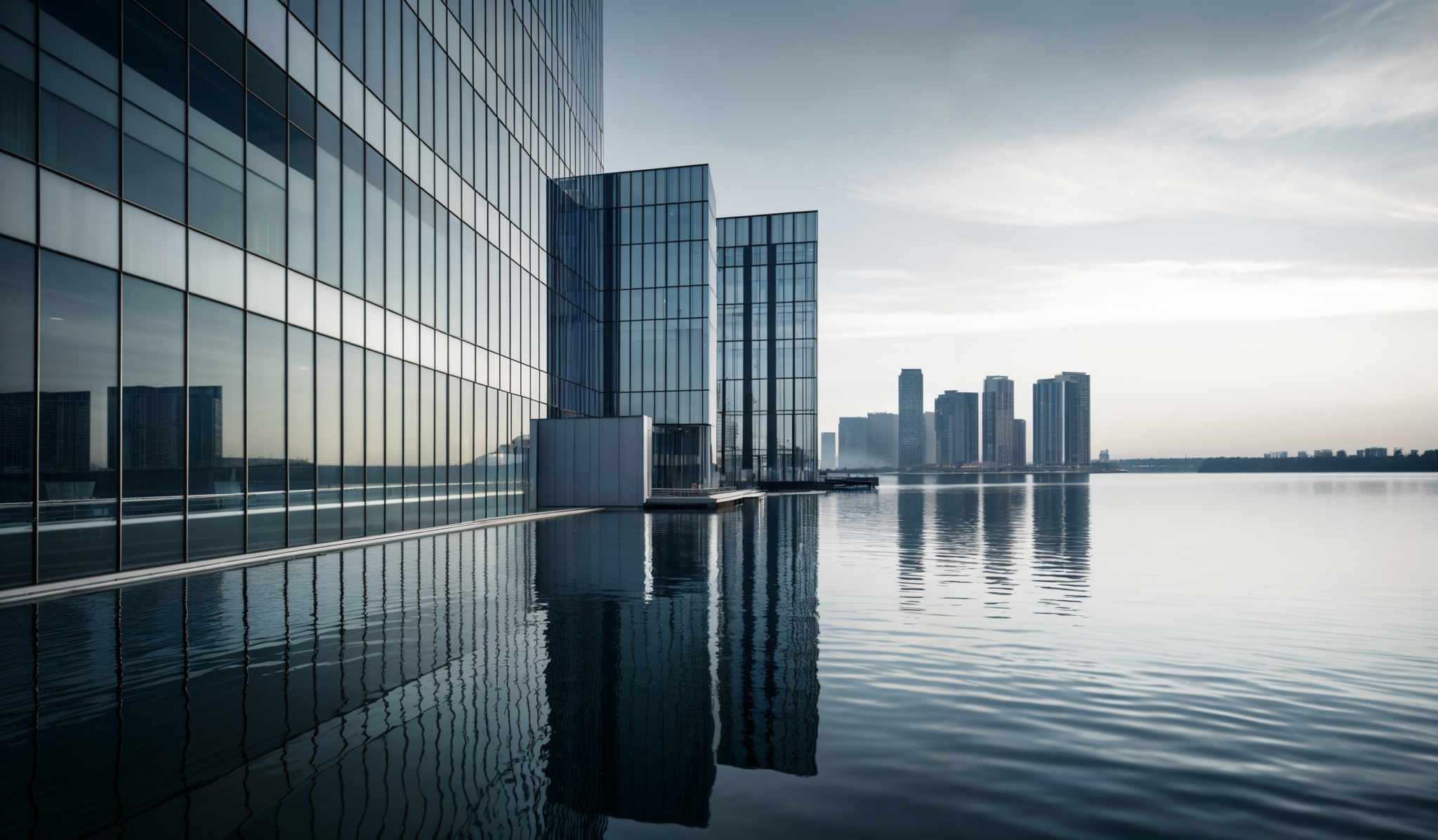 The image showcases a modern architectural scene with a large building with a glass facade. The building's exterior reflects the sky and the surrounding environment, creating a mirror-like effect. The sky is overcast with a mix of gray and white clouds. In the background, there are tall skyscrapers, possibly indicating a cityscape. The water in the foreground is calm, reflecting the building and the sky, creating symmetrical patterns.