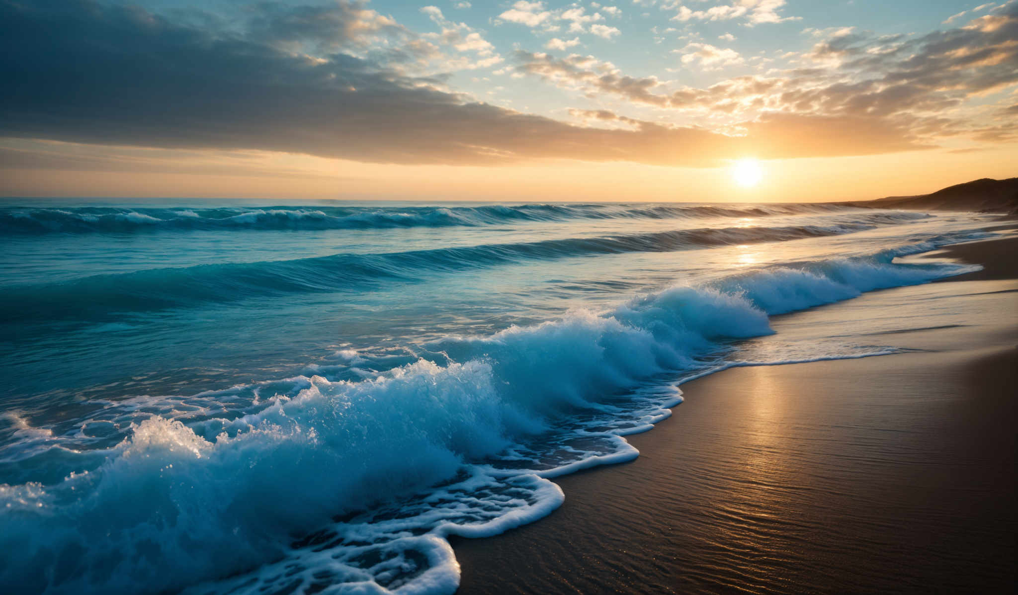 The image showcases a breathtaking seascape during sunset. The sky is painted with hues of orange, gold, and blue, with scattered clouds reflecting the sun's glow. The sun itself is positioned near the horizon, casting a warm golden light over the scene. The sea is a vibrant shade of turquoise, with waves crashing onto the shore. The waves have a frothy white appearance, and their foam is beautifully contrasted against the dark sandy beach. On the right side, there's a cliff or hill with some vegetation, adding depth to the landscape.