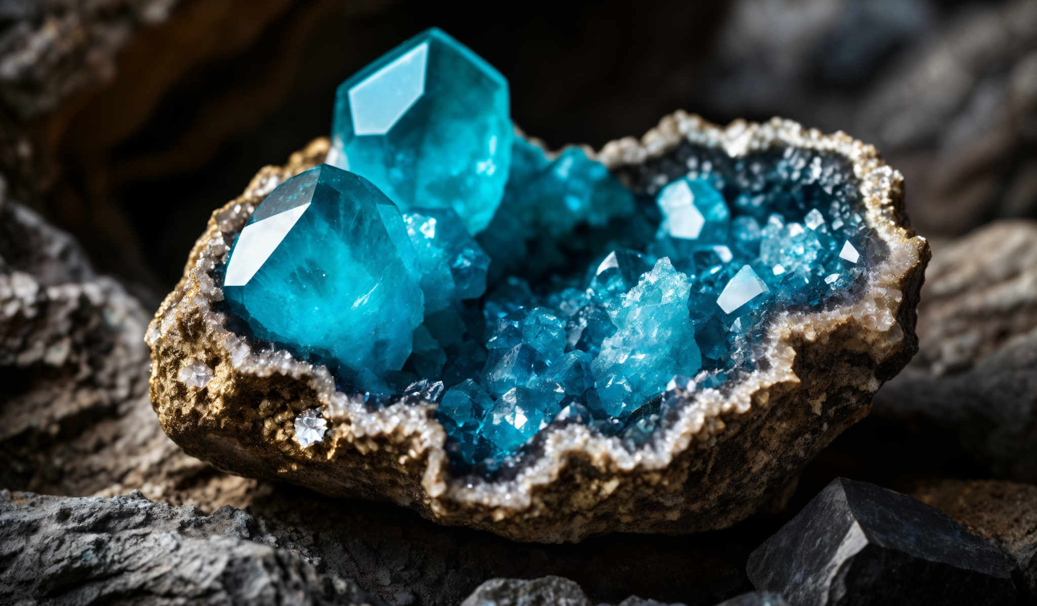 The image showcases a vibrant blue crystal, possibly a mineral like aquamarine or blue quartz, embedded in a rocky matrix. The crystal has a hexagonal shape and is surrounded by smaller, translucent blue crystals. The rocky background has a rugged texture, and there are some darker, possibly metallic, objects at the bottom of the image, which might be tools or other minerals.