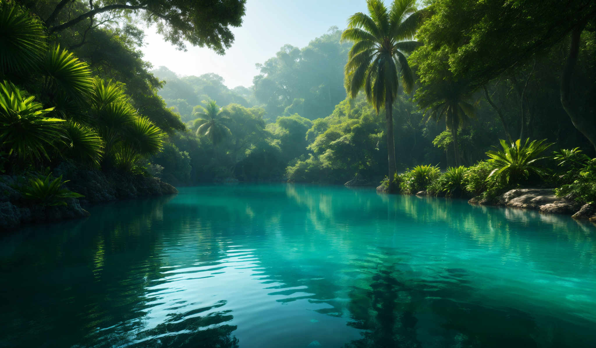 The image showcases a serene natural setting with a calm river or lake surrounded by lush greenery. The water is a vibrant shade of turquoise, reflecting the surrounding vegetation. On the left side, there are tall palm trees with their fronds swaying, and the dense forest canopy overhead filters the sunlight, casting soft shadows on the water. The riverbank is adorned with various plants, including ferns and other tropical plants. The overall ambiance is tranquil and evokes a sense of peace and connection with nature.