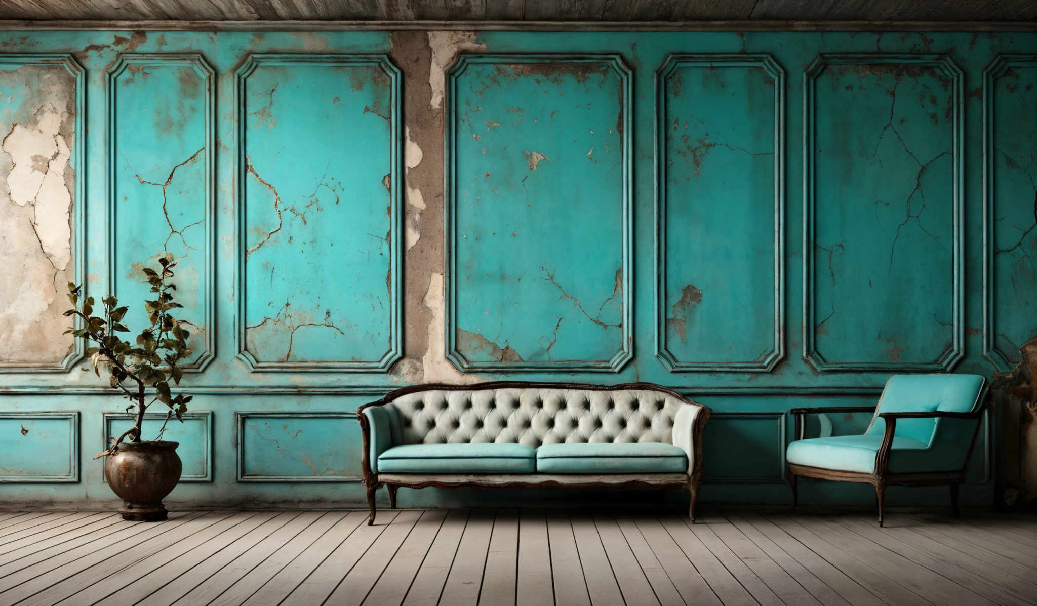 The image showcases a room with a vintage aesthetic. The dominant color is a faded turquoise, with patches of white and brown revealing the underlying structure. The walls are adorned with ornate panels, and the floor is wooden with a rustic appearance. On the left, there's a tall potted plant with green leaves, placed in a brown vase. In the center, there is a vibrant turquoeise sofa with a tufted design, and next to it is a matching armchair. On both sides of the sofa, there are wooden side tables with intricate carvings. The overall ambiance of the room exudes a sense of nostalgia and elegance.