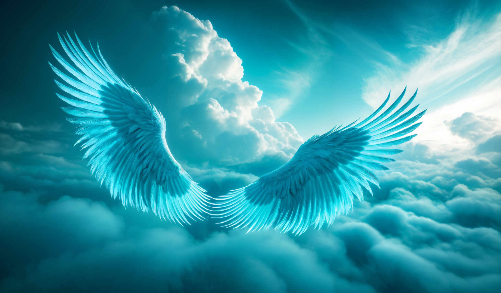 The image showcases a pair of large, feathered wings that are spread out, giving an impression of flight. The wings are predominantly blue in color, with intricate feather patterns that display a gradient of lighter to darker shades. The background is a vast expanse of clouds, bathed in a soft blue light, suggesting either dawn or dusk. The clouds are dense and fluffy, and they seem to stretch endlessly, creating a sense of depth and vastness.