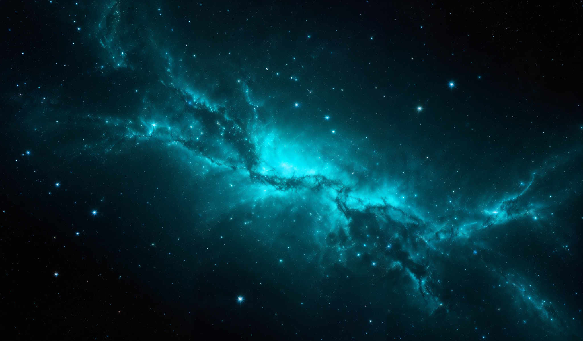 The image showcases a vast expanse of space filled with a deep blue hue. The central portion of the image is dominated by a radiant blue nebula, which appears as a swirling mass of gas and dust. This nebular formation is interspersed with numerous bright white stars, some of which are scattered throughout the image, while others form a dense cluster towards the bottom. The overall shape of the nebule is somewhat reminiscent of a serpent or a milky way, winding its way through the space.