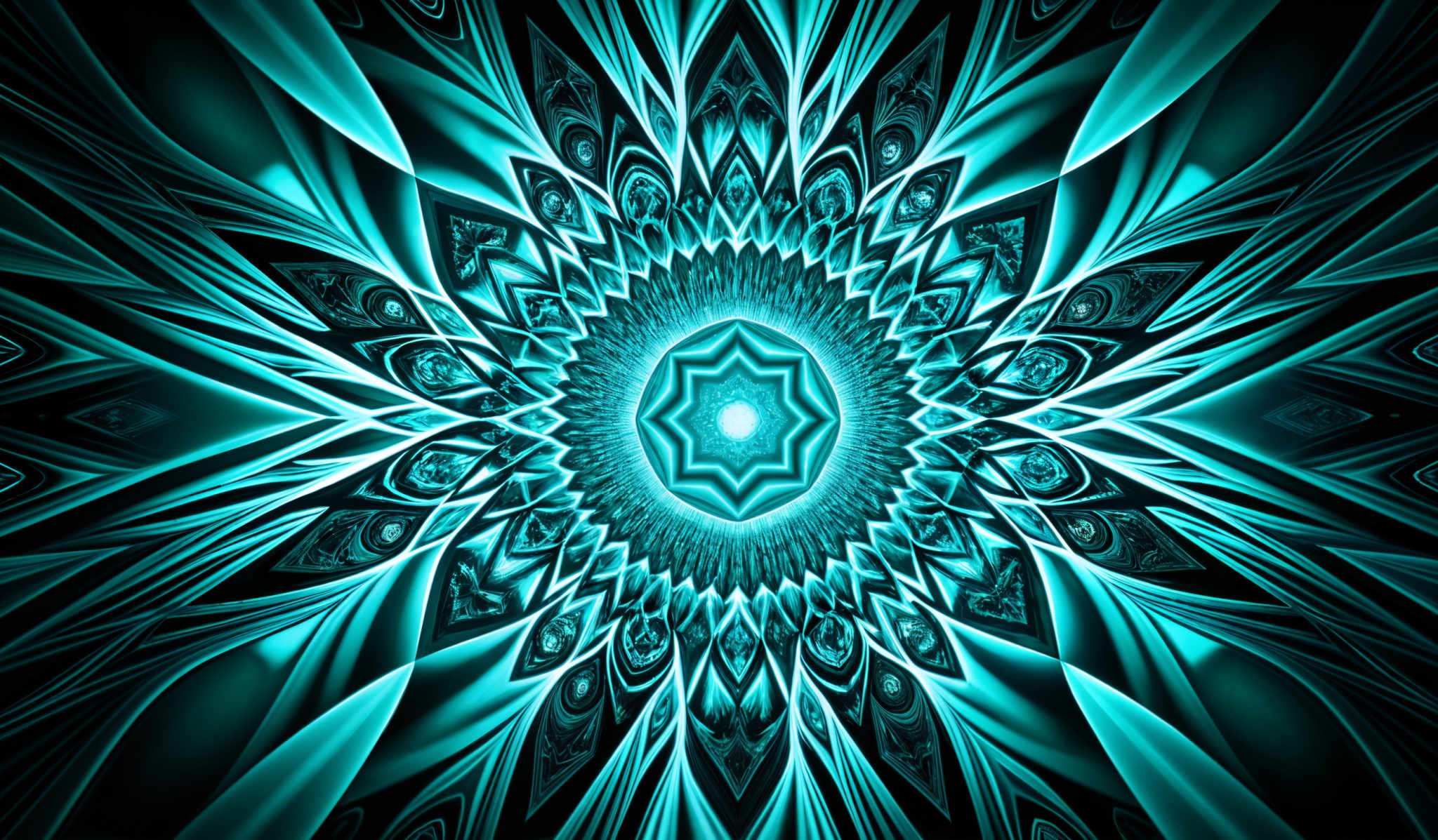 The image showcases a vibrant and intricate design with a dominant turquoise color. The central motif is a symmetrical, radiant pattern resembling a flower or a mandala, emanating outward with detailed petals or layers. The background is dark, which accentuates the luminescence of the turquois design. The overall effect is mesmerizing, with the interplay of light and shadow creating depth and dimension.