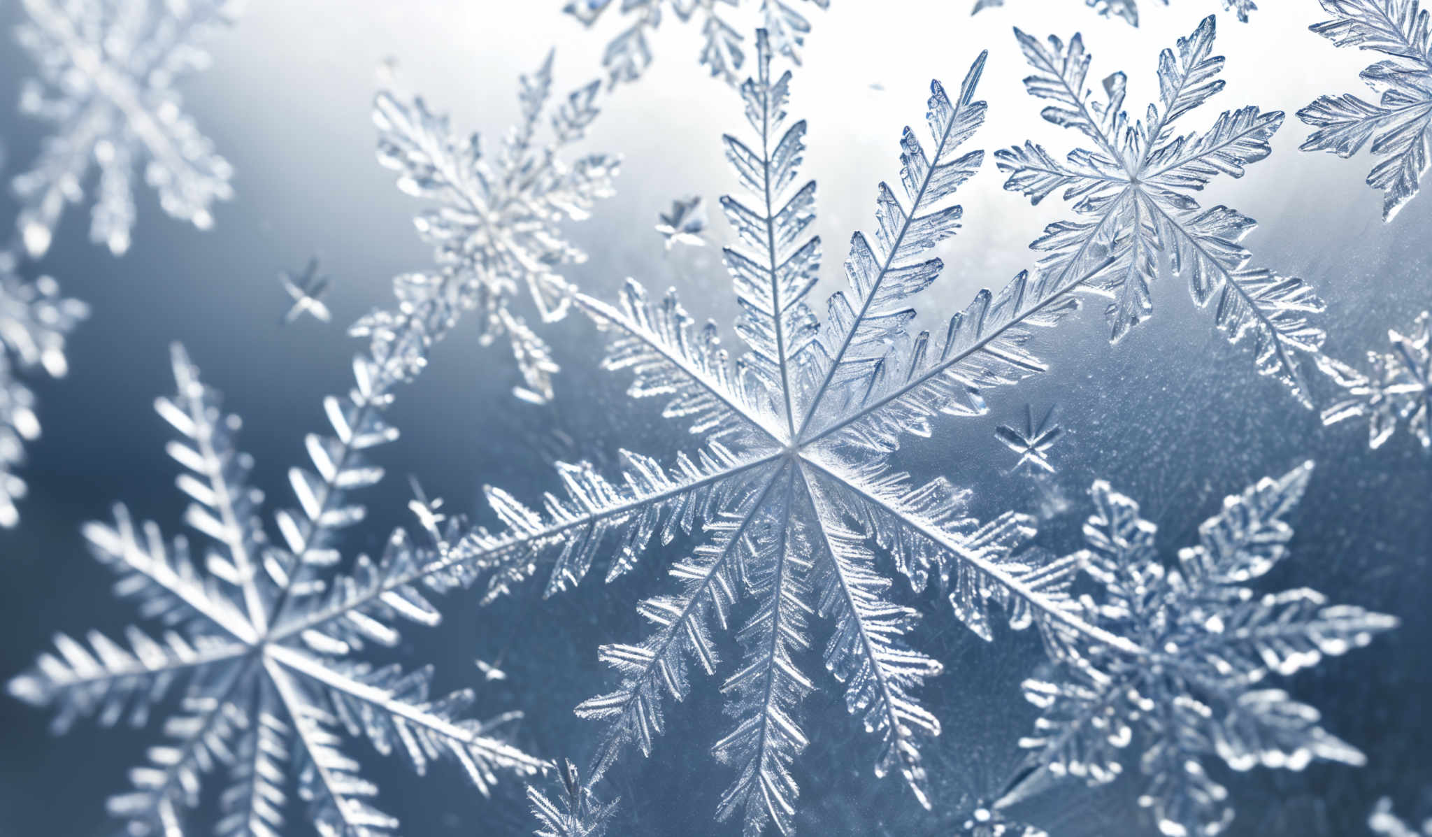 The image showcases intricate snowflake patterns set against a light blue background. The snowflakes are translucent with a crystalline structure, displaying sharp, symmetrical shapes with multiple branches extending outwards. The patterns are detailed, with each snowflare exhibiting unique and complex formations, indicative of natural snowflaw growth.