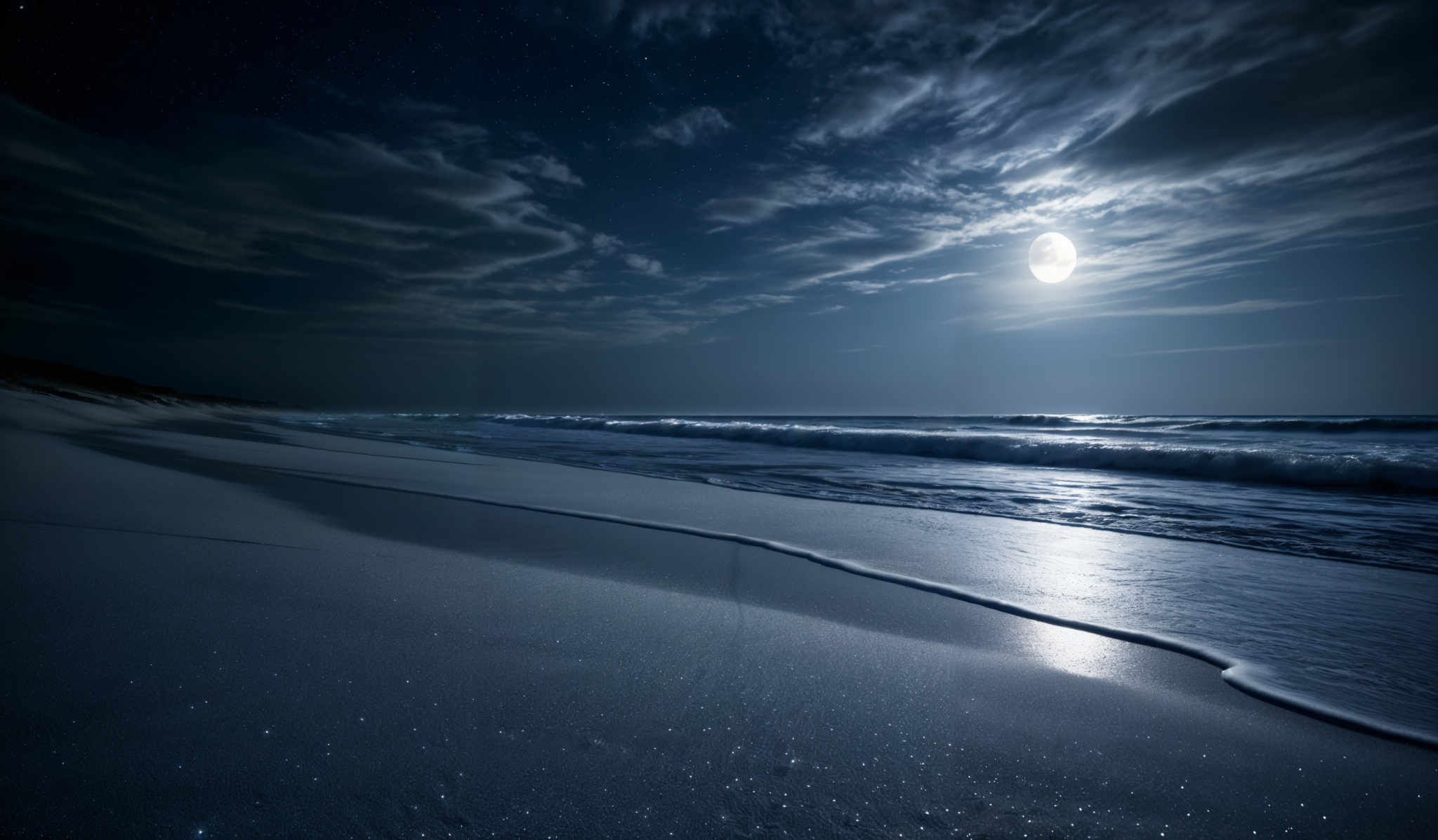 The image showcases a serene nighttime beach scene. The dominant colors are deep blues and blacks, with hints of white from the moon and stars. The moon, which is nearly full, casts a soft glow over the ocean waves, reflecting its light on the wet sand. The sky is dotted with stars, and there are wispy clouds illuminated by the moonlight. The beach has gentle waves rolling in, and the wet sands shimmer with a reflective quality. In the distance, there's a silhouette of a landform, possibly a cliff or dune.