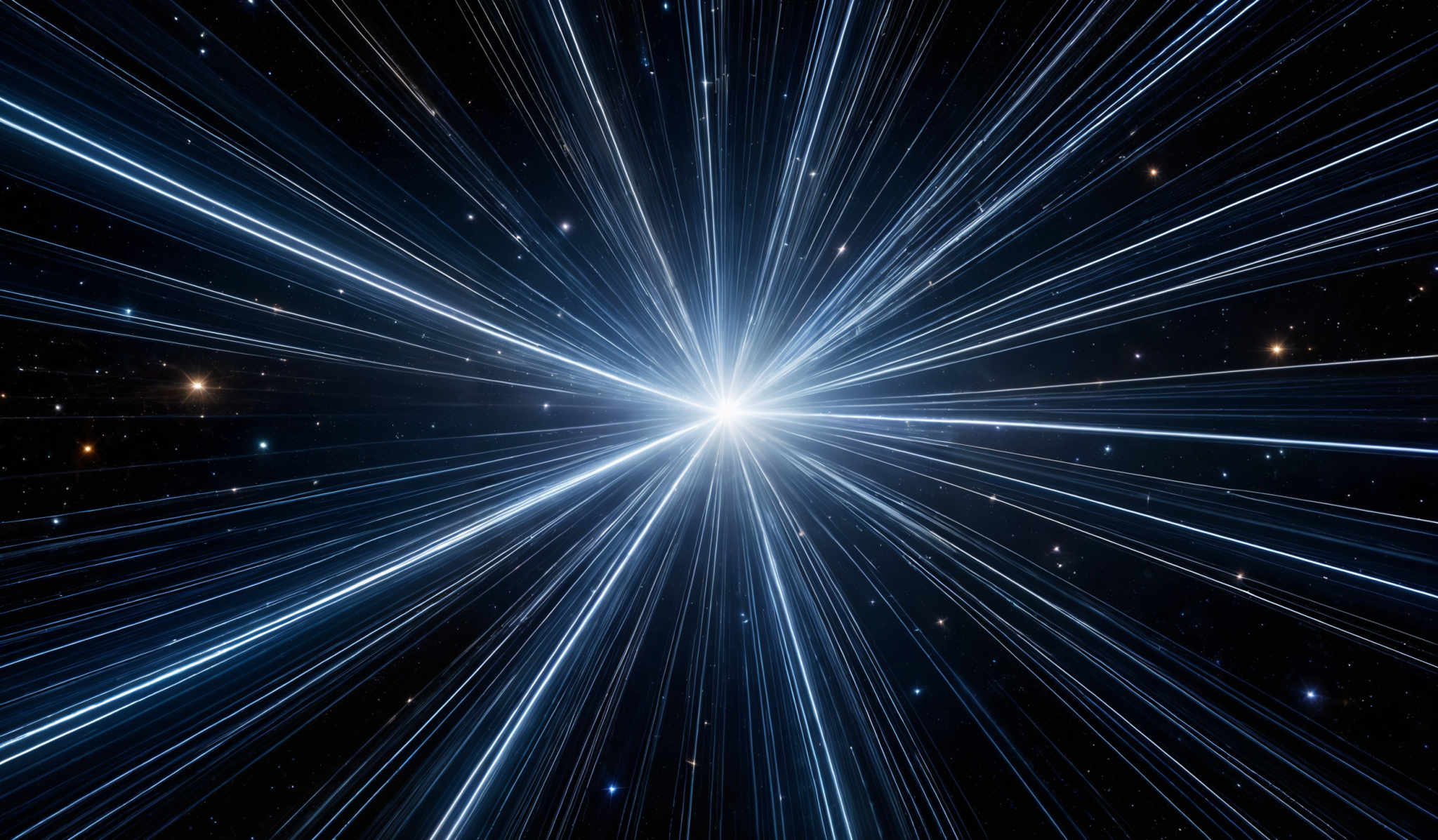 The image showcases a radiant burst of light emanating from a central point, spreading outwards in a radial pattern. The light is a vibrant shade of blue, creating a dynamic and energetic visual effect. The background is dark, filled with numerous tiny white dots, possibly representing distant stars or other celestial objects. The overall composition gives a sense of vastness and depth, reminiscent of a cosmic scene.