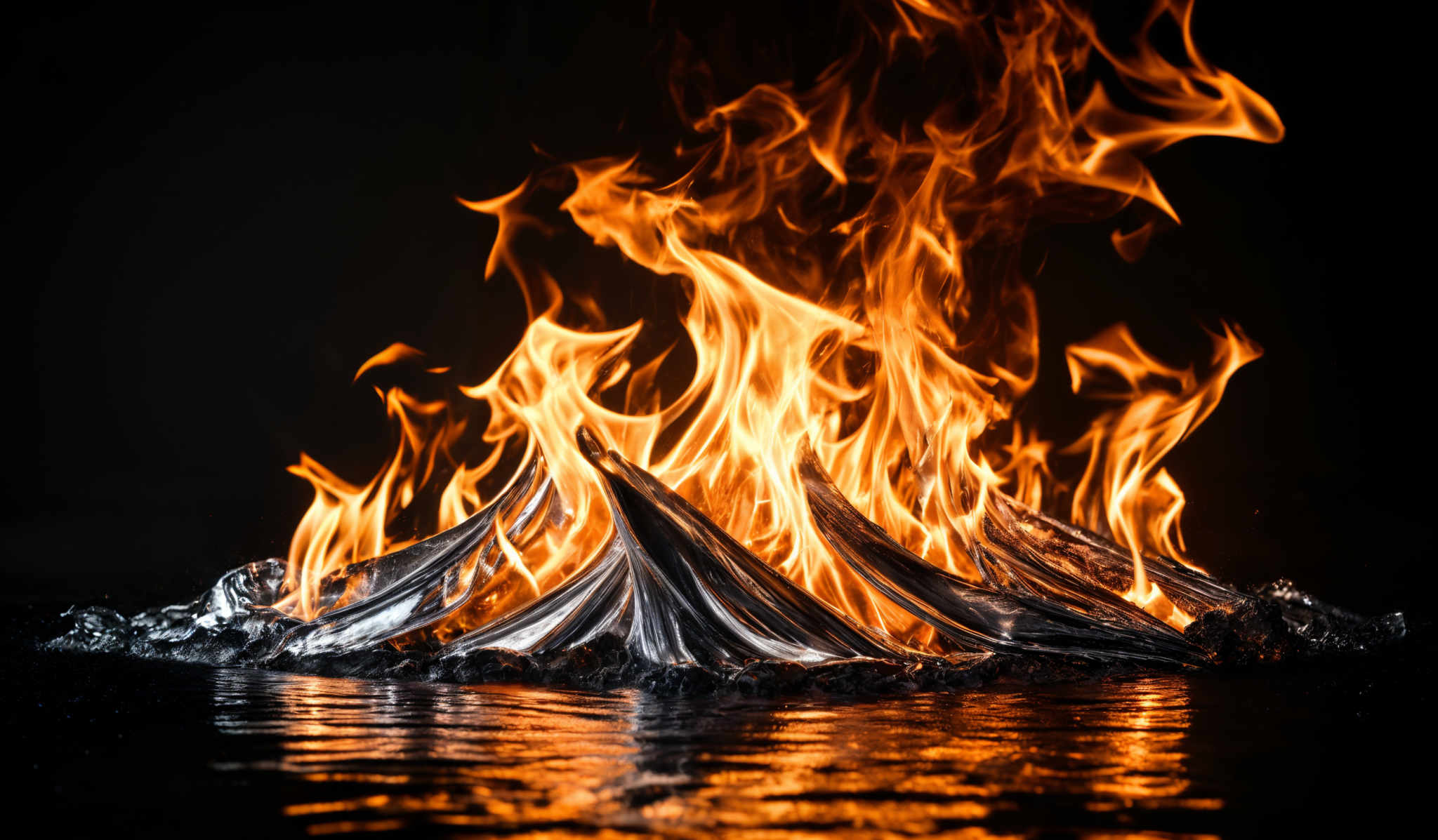 The image showcases a vibrant and intense display of flames. The flames are predominantly orange and yellow, with some hints of red. They exhibit a dynamic and swirling pattern, creating an almost ethereal and mesmerizing effect. The base of the flames appears to be resting on a dark surface, possibly water, which reflects the fiery glow. The overall shape of the fire is somewhat conical, with the flame tips reaching upwards and the base spreading outwards.