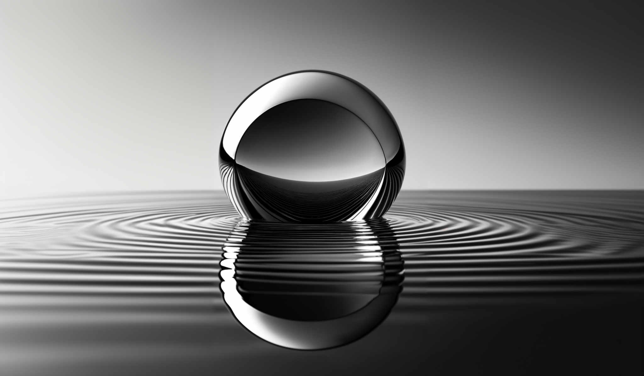 The image showcases a large, elongated, and oval-shaped object that appears to be made of a reflective material. It's placed on a surface with concentric ripples emanating from its base, suggesting that it might have been dropped or splashed into the water. The entire scene is in monochrome, with varying shades of gray, creating a serene and abstract atmosphere.