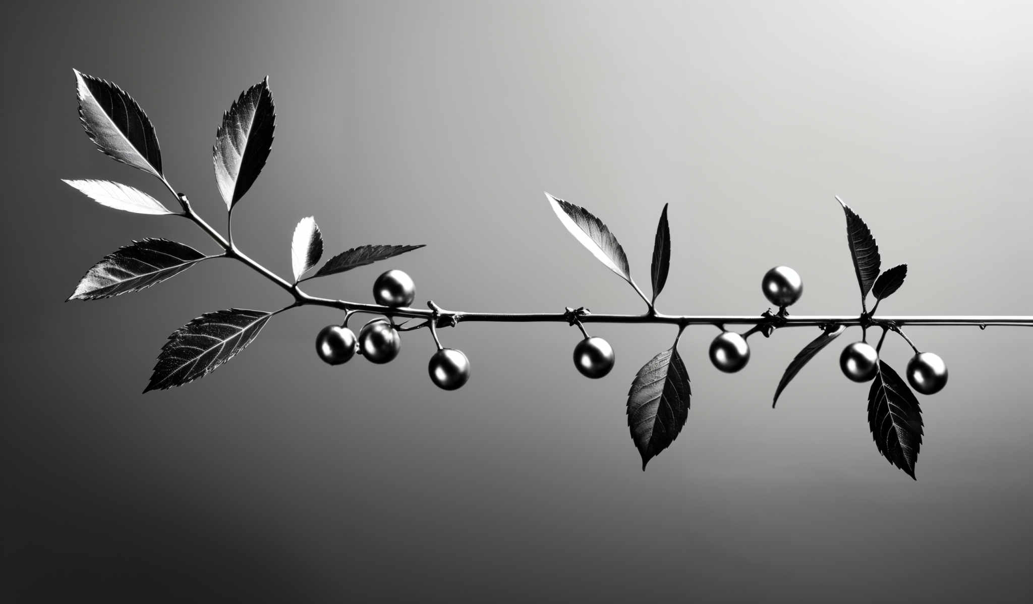 The image showcases a branch with leaves and berries. The leaves are elongated and have a serrated edge, while the berries are round and shiny. The entire image is in black and white, giving it a monochromatic appearance. The background is plain and gradient, transitioning from a darker shade at the top to a lighter one at the bottom.