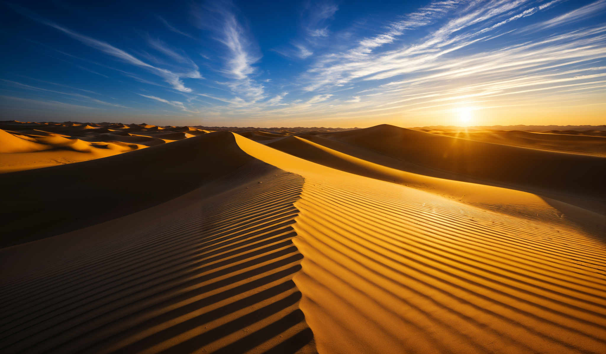 The image showcases a vast desert landscape during sunset. The dominant colors are the golden hues of the sand dunes contrasted against the deep blue of the sky. The dunes have a rippled texture, likely formed by the wind, and their shapes are intricate, with some dunes appearing tall and others shorter. The sky is adorned with wispy white clouds that stretch across, and the sun is setting on the horizon, casting a warm, golden glow over the scene.