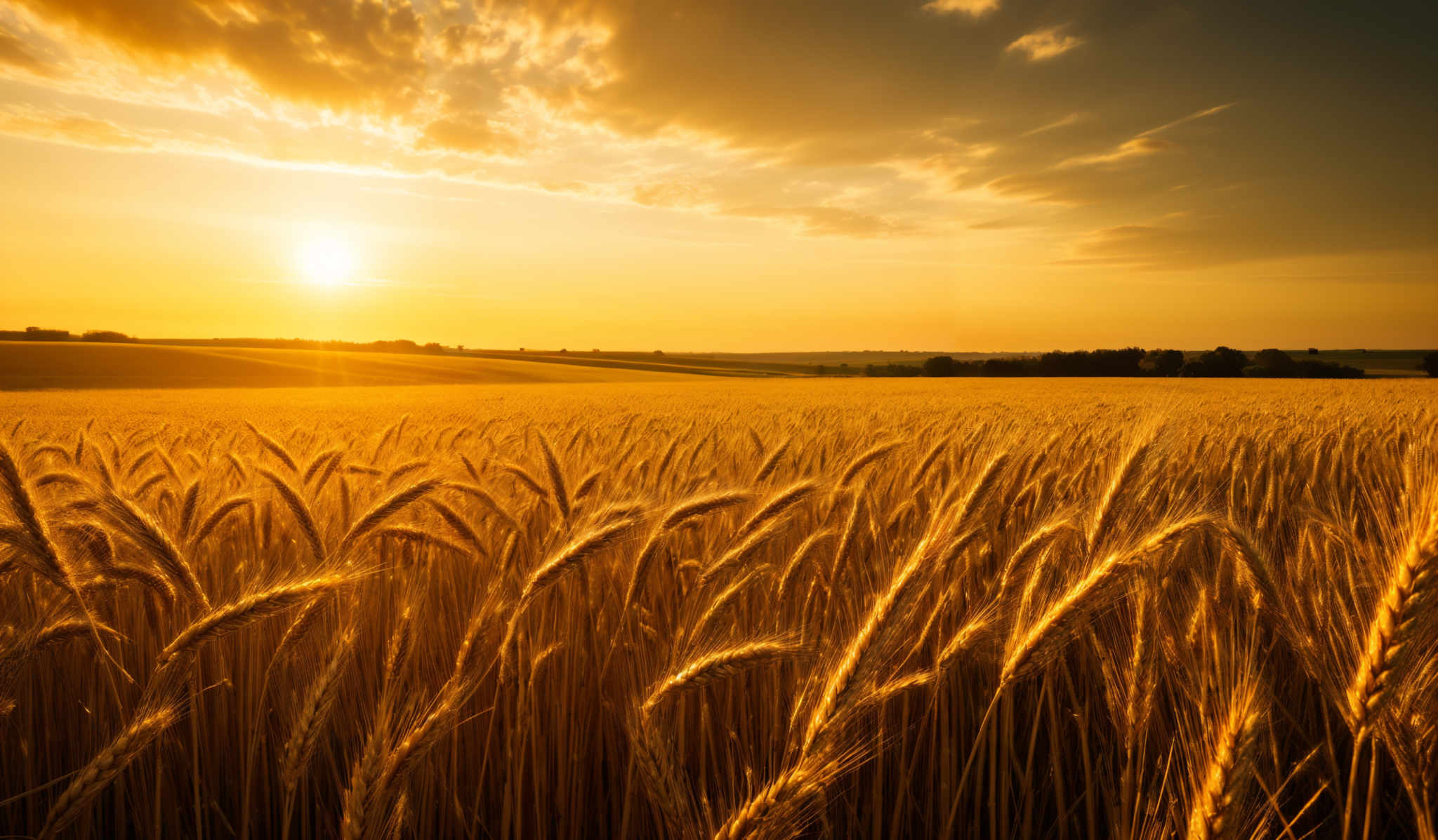 The image showcases a vast field of golden wheat swaying in the breeze. The sun is setting in the background, casting a warm, golden hue over the entire scene. The sky is painted with shades of orange, gold, and deep blue, with scattered clouds reflecting the sun's glow. In the distance, there are hints of green fields and a few trees, providing a contrast to the golden wheats.