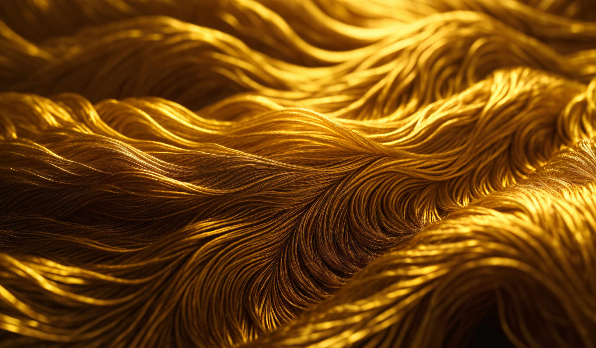 The image showcases a rich, golden hue with intricate wavy patterns. The wavy structures resemble flowing strands or tendrils, reminiscent of hair or fabric. The color palette is dominated by deep oranges and golds, creating a warm and luxurious ambiance. The details are finely rendered, emphasizing the texture and fluidity of the patterns.