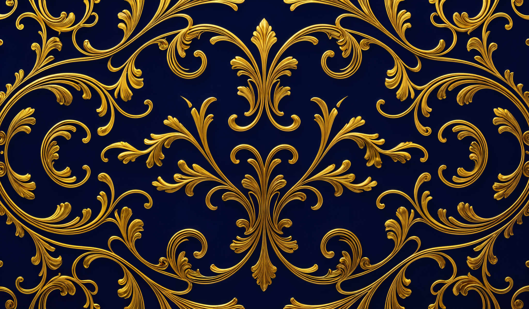 The image showcases a rich and intricate design with a deep blue background. The primary color is gold, which forms ornate and symmetrical patterns reminiscent of baroque or rococo styles. The patterns consist of swirling motifs, floral elements, and symmetrically arranged scrolls. The gold design is meticulously crafted, giving it a luxurious and elegant appearance.