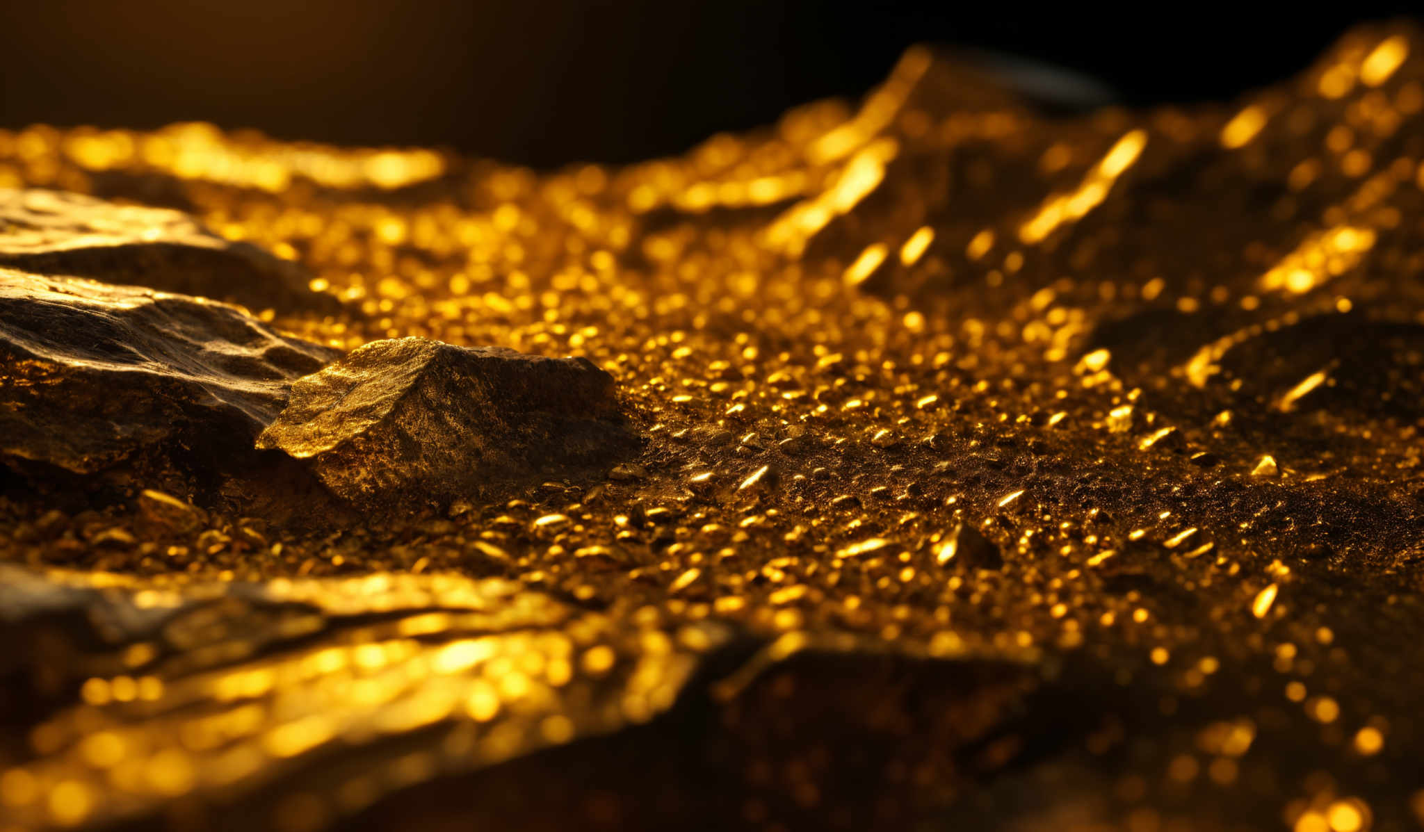 The image showcases a rich golden hue, dominated by shimmering, small particles that resemble gold flakes or granules. These particles are densely packed, creating a textured surface. There are also larger, irregularly shaped chunks or pieces embedded within this sea of gold. The lighting casts a warm glow, emphasizing the luminosity of the gold particles.