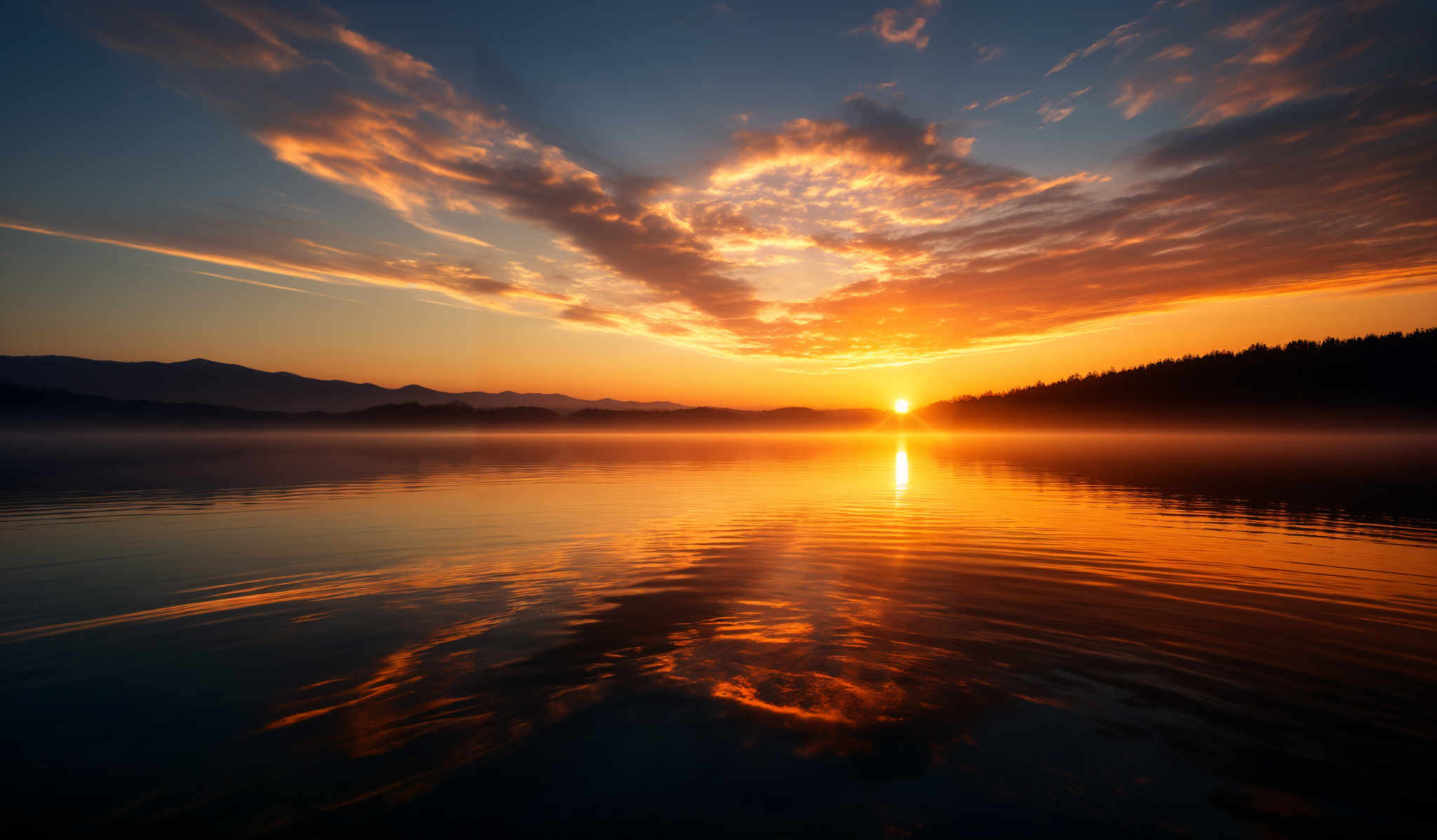 The image showcases a breathtaking sunset over a calm lake. The sky is painted with hues of orange, gold, and deep blue, with wispy clouds scattered across. The sun is near the horizon, casting a brilliant golden glow. The lake reflects the sky's colors, creating a mirror-like effect. In the distance, there are silhouettes of mountains and a dense forest. The water's surface has gentle ripples, possibly caused by a gentle breeze.