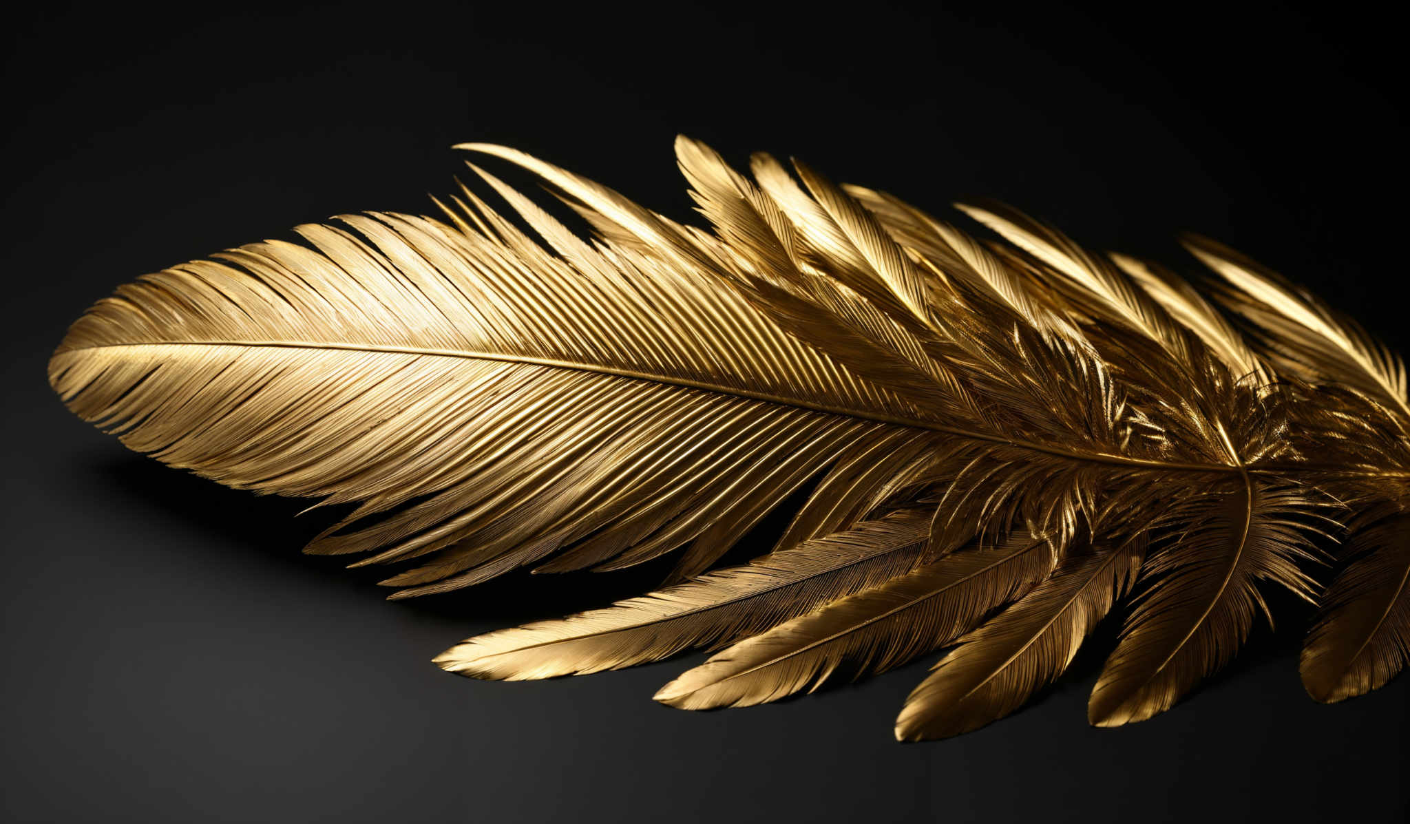 The image showcases a series of golden feathers against a dark background. The feathers are elongated and have a detailed structure with visible veins. The color is a rich, metallic gold, giving the feathers a lustrous and luxurious appearance. The overall shape is that of a feather, with a slightly elongate and wavy structure.