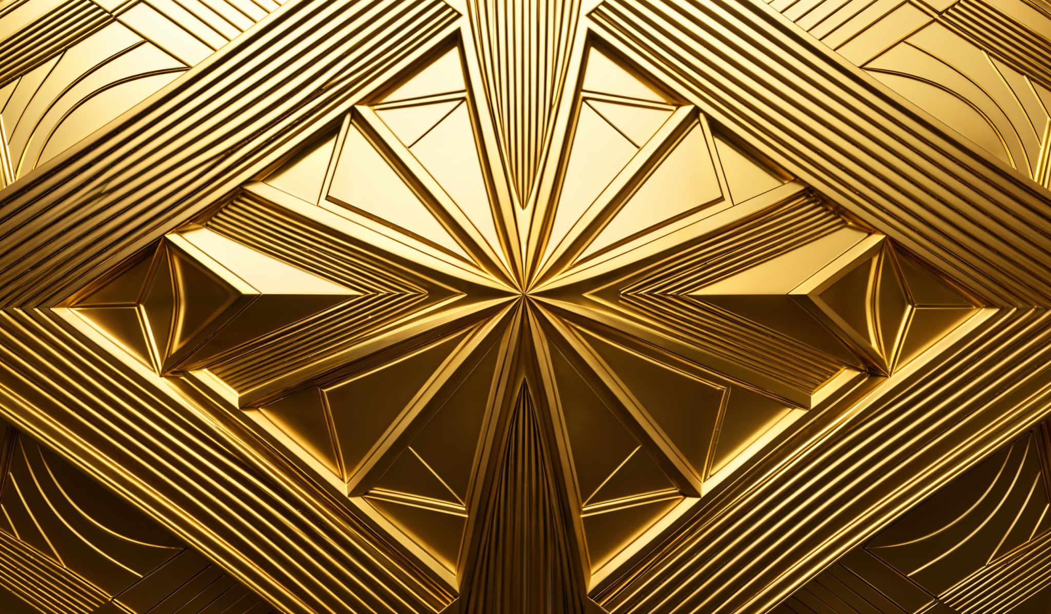 The image showcases a metallic golden pattern with intricate geometric designs. The dominant color is a deep, rich gold. The pattern consists of symmetrical shapes, including triangles, rectangles, and lines, all converging towards a central point. The design exudes a sense of luxury and sophistication, reminiscent of Art Deco or modern architectural motifs.