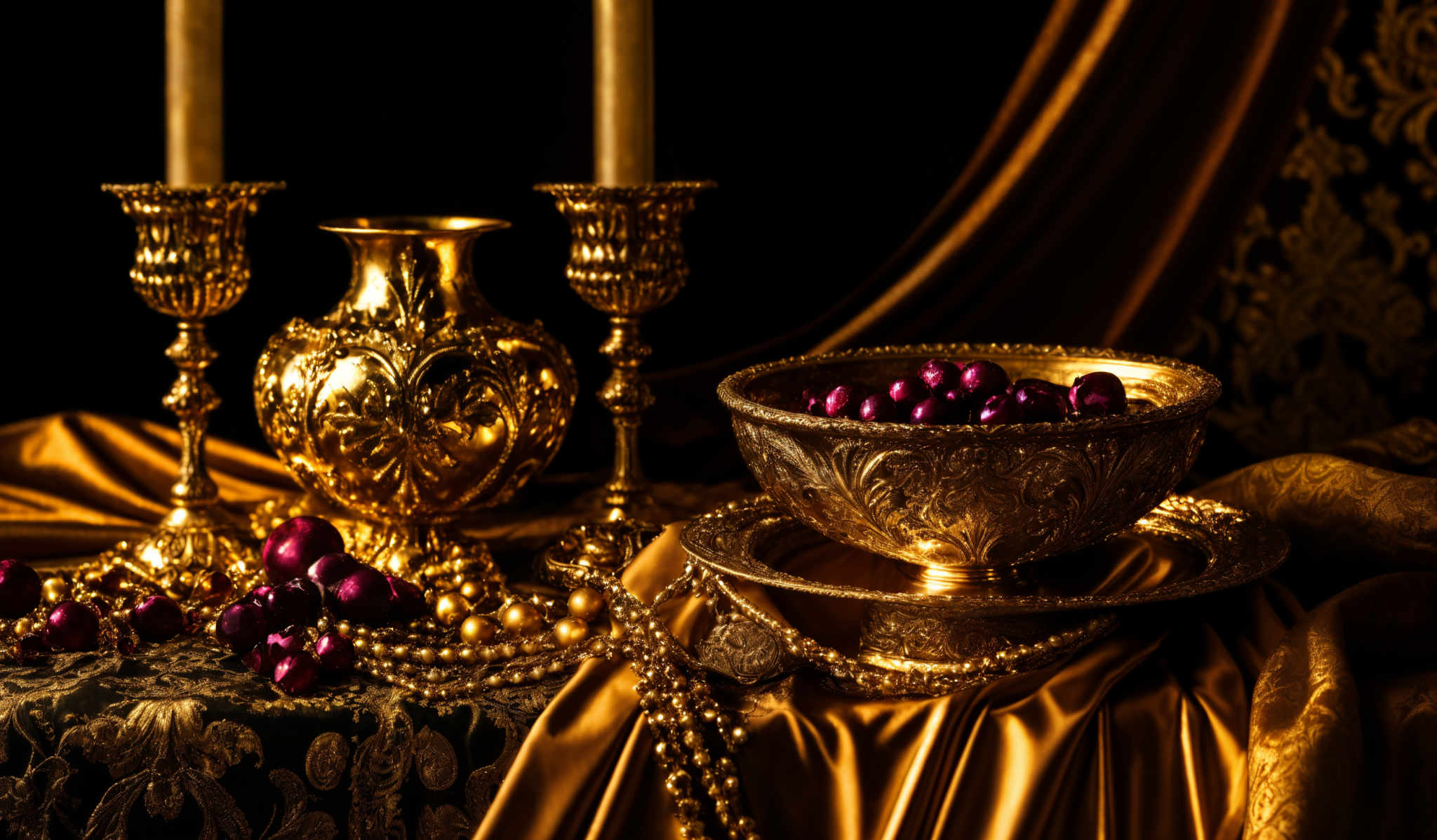 The image showcases a richly decorated table setting. Dominating the scene are golden candle holders with intricate designs, a golden vase with ornate patterns, and a bowl filled with red spherical objects, possibly cherries or berries. These objects are placed on a golden fabric draped over a table, which also has a silver bowl with a similar design filled with the same red spheres. The background is dark, which accentuates the golden hues and makes the objects pop. There are also pearls scattered around, adding to the opulence of the scene.