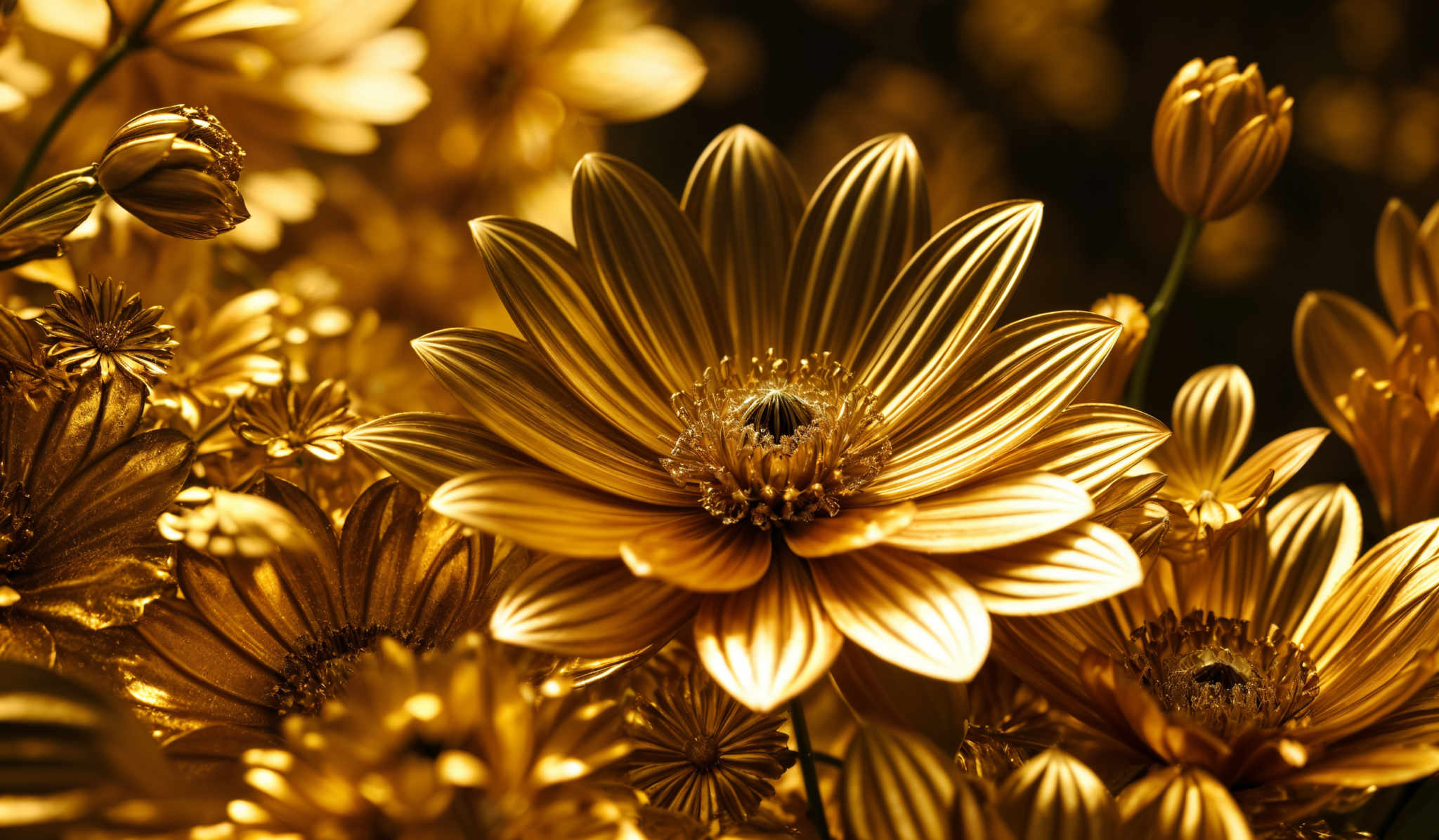 The image showcases a collection of metallic, golden-hued flowers. The flowers have intricate details, with layered petals that reflect light beautifully. The center of each flower is a cluster of small, shiny, and dark elements, possibly representing the flower's reproductive parts. The background is blurred, emphasizing the flowers and giving a bokeh effect.