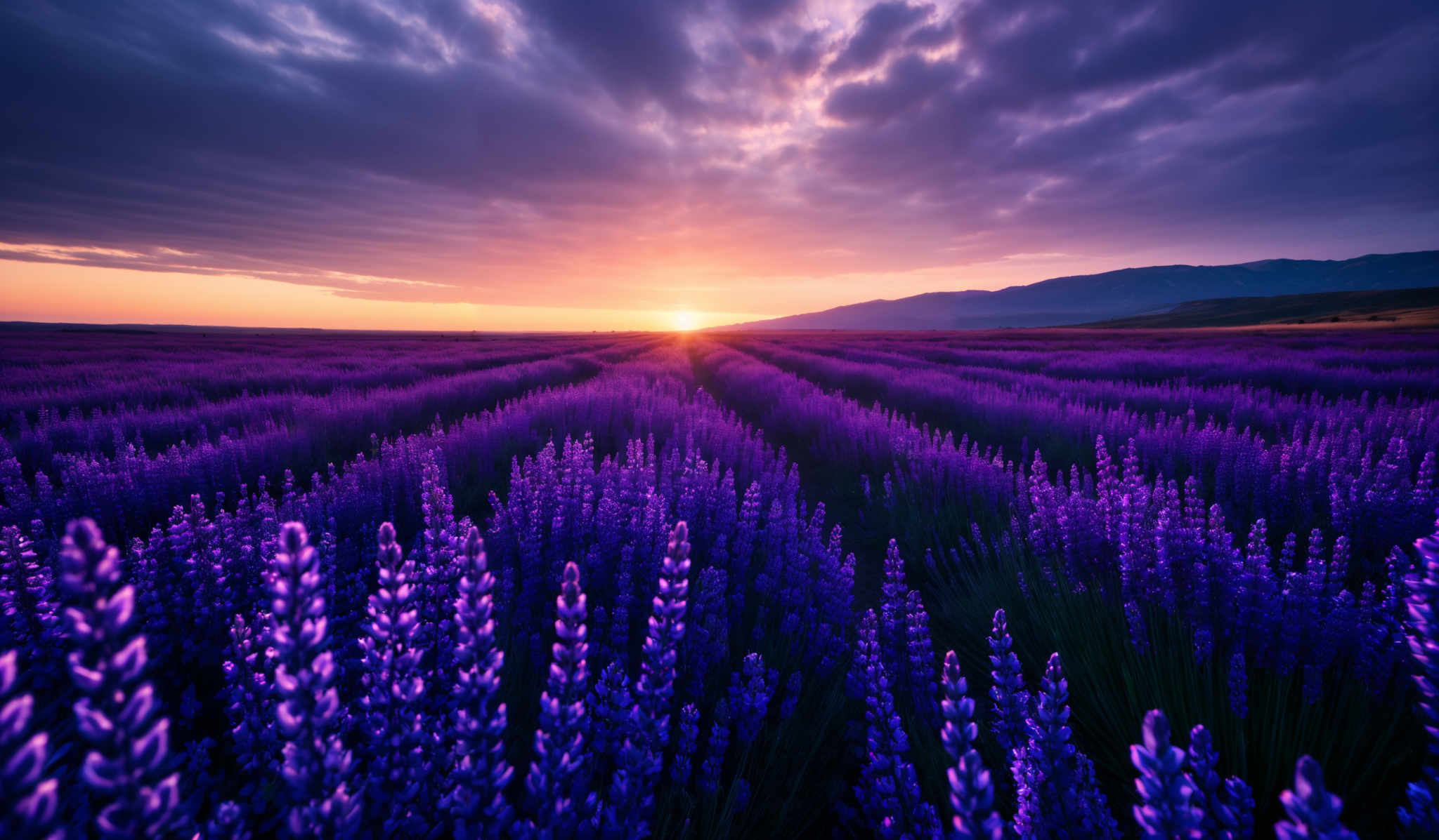 The image showcases a breathtaking landscape during sunset. The sky is painted with hues of purple, pink, and orange, with dark clouds scattered across. The sun is setting on the horizon, casting a warm golden glow. Below, a vast field of lavender stretches out, with its vibrant purple flowers in full bloom. The lavender fields are meticulously aligned in rows, leading the viewer's eye towards the horizon. In the distance, there are silhouettes of mountains, adding depth to the scene.