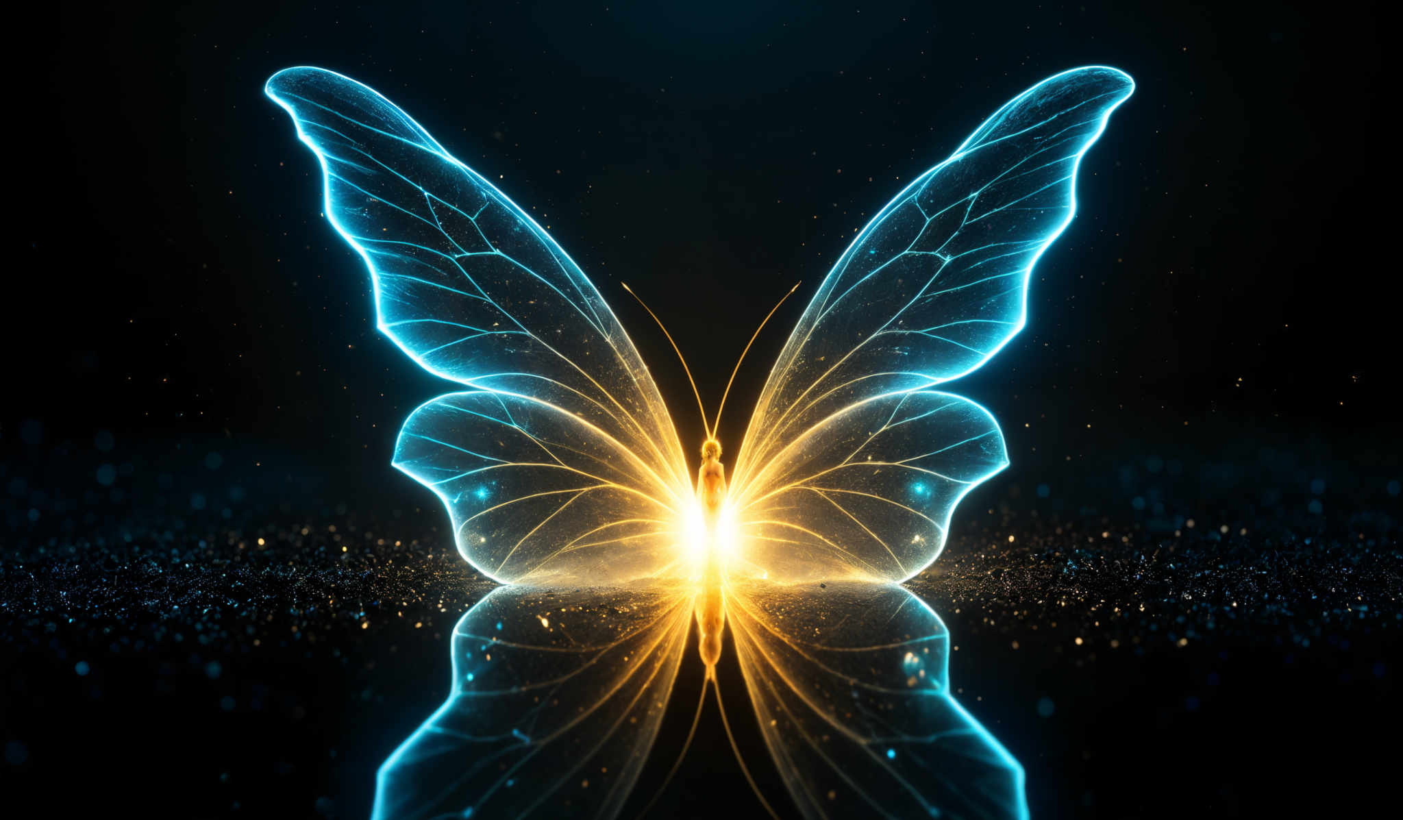 The image showcases a vibrant and mesmerizing depiction of a butterfly. The butterflies wings are illuminated with a radiant blue glow, giving them an ethereal appearance. The body of the butterflly emanates a warm, golden light. The wings are intricately detailed, revealing veins and patterns that are reminiscent of translucent glass or crystal. The background is dark, with specks of light scattered throughout, creating a contrast that accentuates the luminosity of the wings.