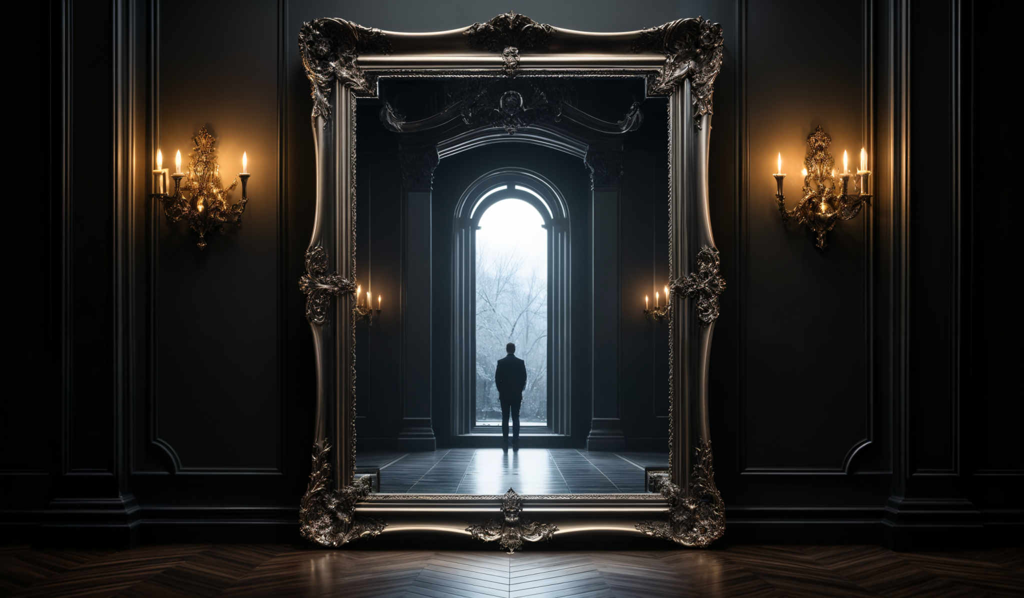 The image predominantly features dark, muted tones with a rich contrast between the deep black walls and the golden accents of the ornate mirror frame. The mirror itself showcases a silhouette of a person standing in front of a grand archway, which emanates a soft, diffused light. The floor is made of wooden planks, exhibiting a herringbone pattern. On either side of the mirror, there are sconces with multiple candle-like lights, emitting a warm glow.