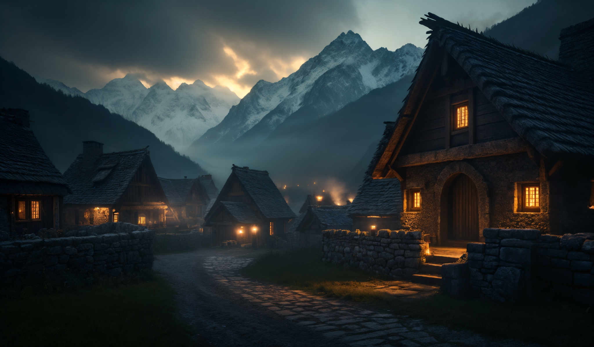 The image showcases a picturesque mountainous landscape during twilight. Dominating the backdrop are towering snow-capped peaks, partially shrouded in mist. The sky is painted with hues of orange and blue, suggesting either a sunrise or sunset. In the foreground, there's a quaint village with rustic houses, each with a sloping roof made of dark, weathered wood. The houses are illuminated from within, casting a warm, golden glow. Stone walls surround the houses, and a cobblestone path winds its way through the village. The entire scene exudes a sense of tranquility and timelessness.