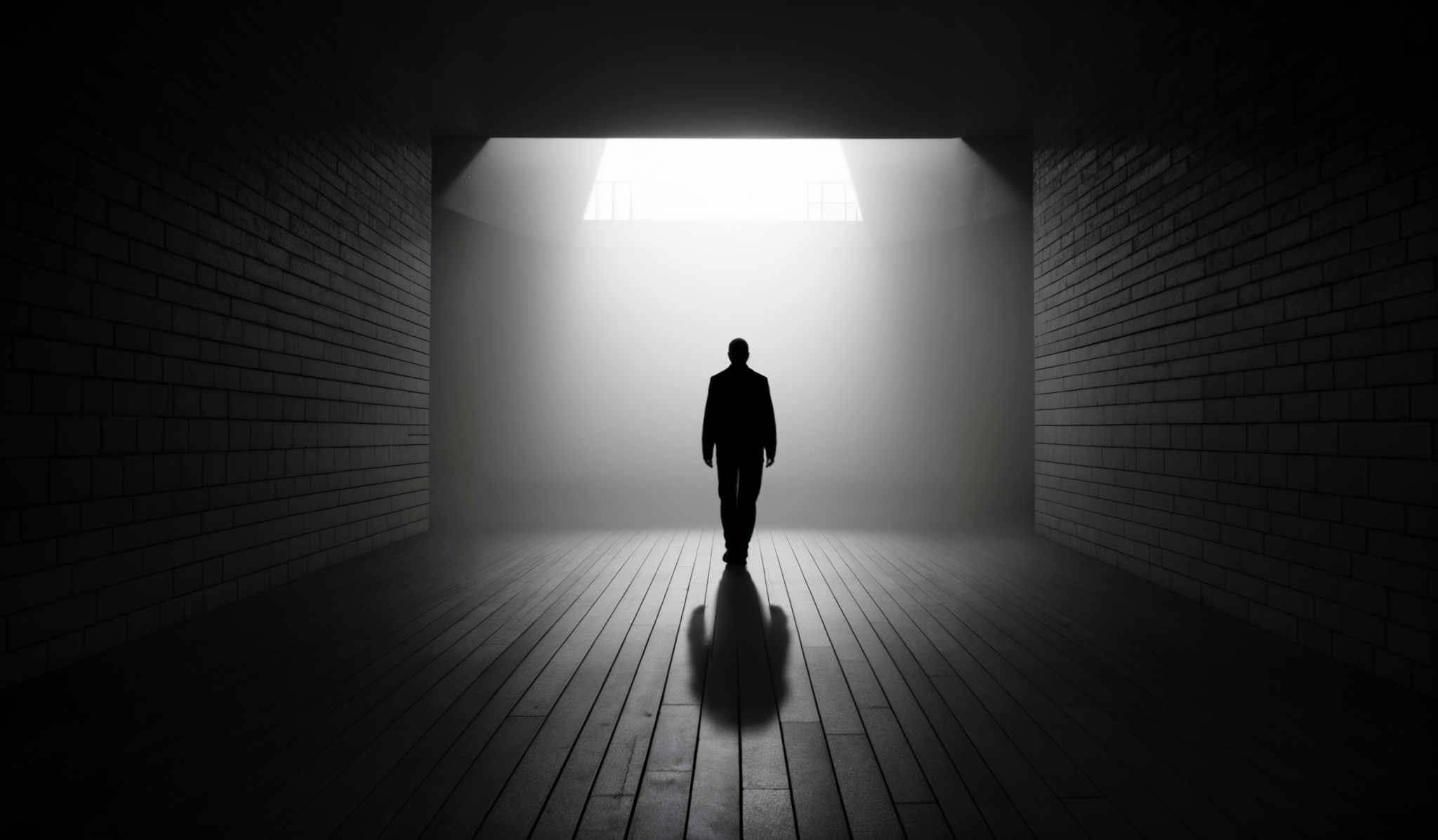 The image predominantly features shades of black, white, and gray. It showcases a silhouette of a person walking towards a bright light source at the end of a corridor. The corridors are lined with brick walls on both sides, and the floor appears to be made of wooden planks. The light source emits a soft glow, creating a contrast between the darkness of the corridory and the illuminated end.