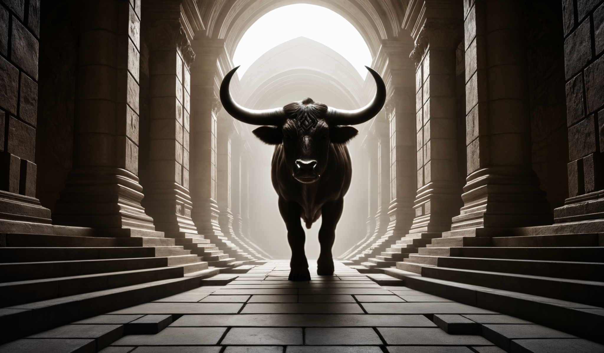 The image showcases a grand architectural setting, possibly a cathedral or a temple, with tall arches and intricately carved stone columns. The color palette is dominated by earthy tones, with shades of brown and beige. The central focus is a large, dark-colored bull with pronounced curved horns, standing in the middle of a cobblestone pathway. The lighting is soft, casting a gentle glow on the scene, emphasizing the depth and grandeur of the architecture.